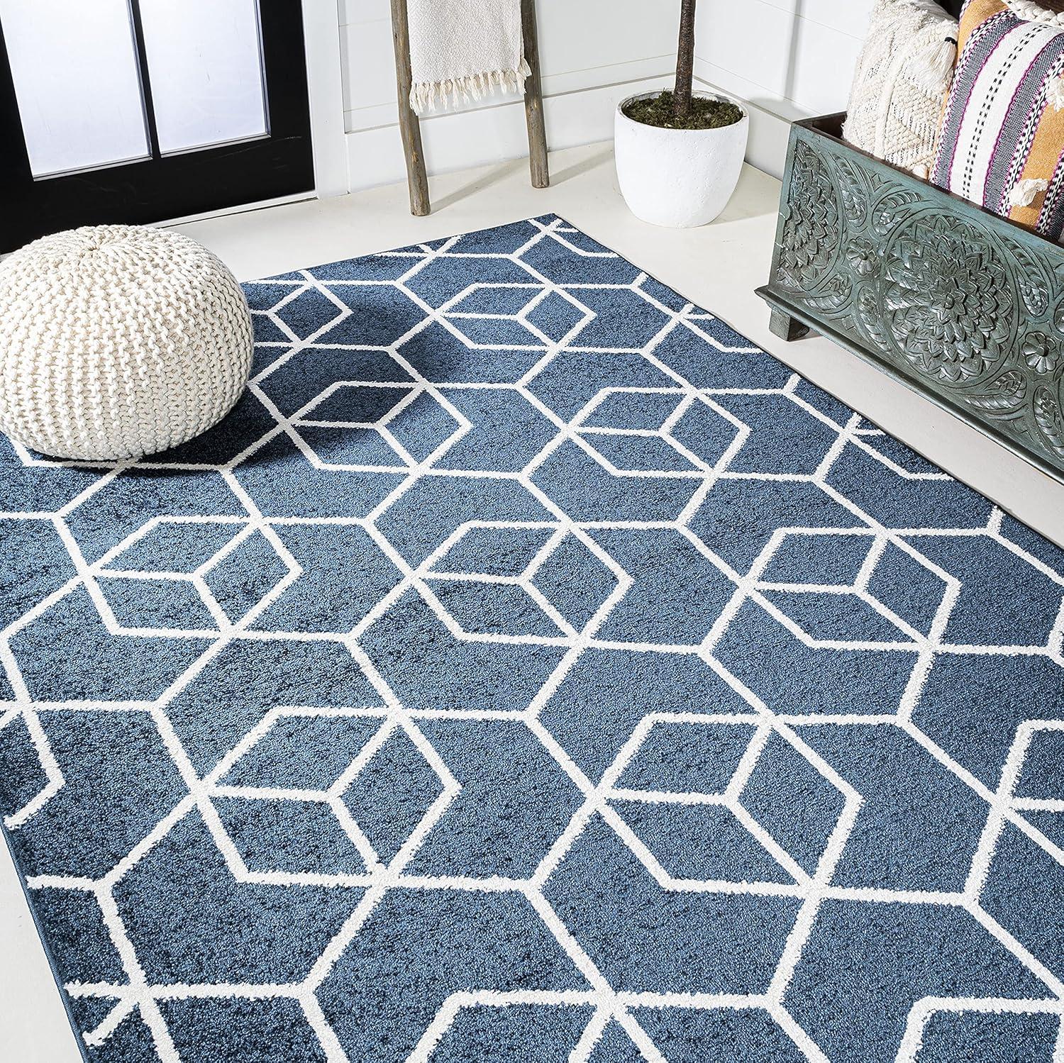 3'x5' Tumbling Blocks Modern Geometric Area Rug, Navy/White - JONATHAN Y