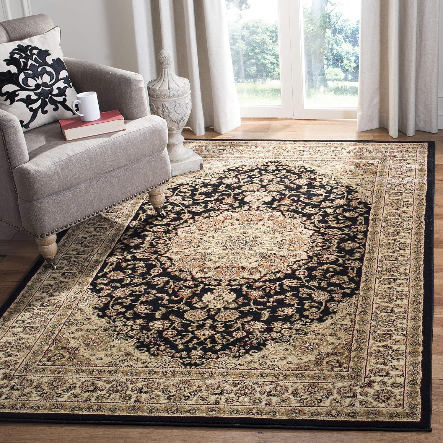 Black and Ivory Floral Rectangular Synthetic Area Rug, 4' x 6'