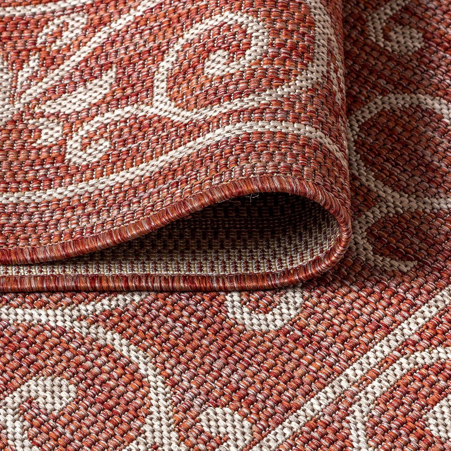 5' Round Charleston Vintage Filigree Textured Weave Indoor/Outdoor Area Rug, Red/Beige - JONATHAN Y