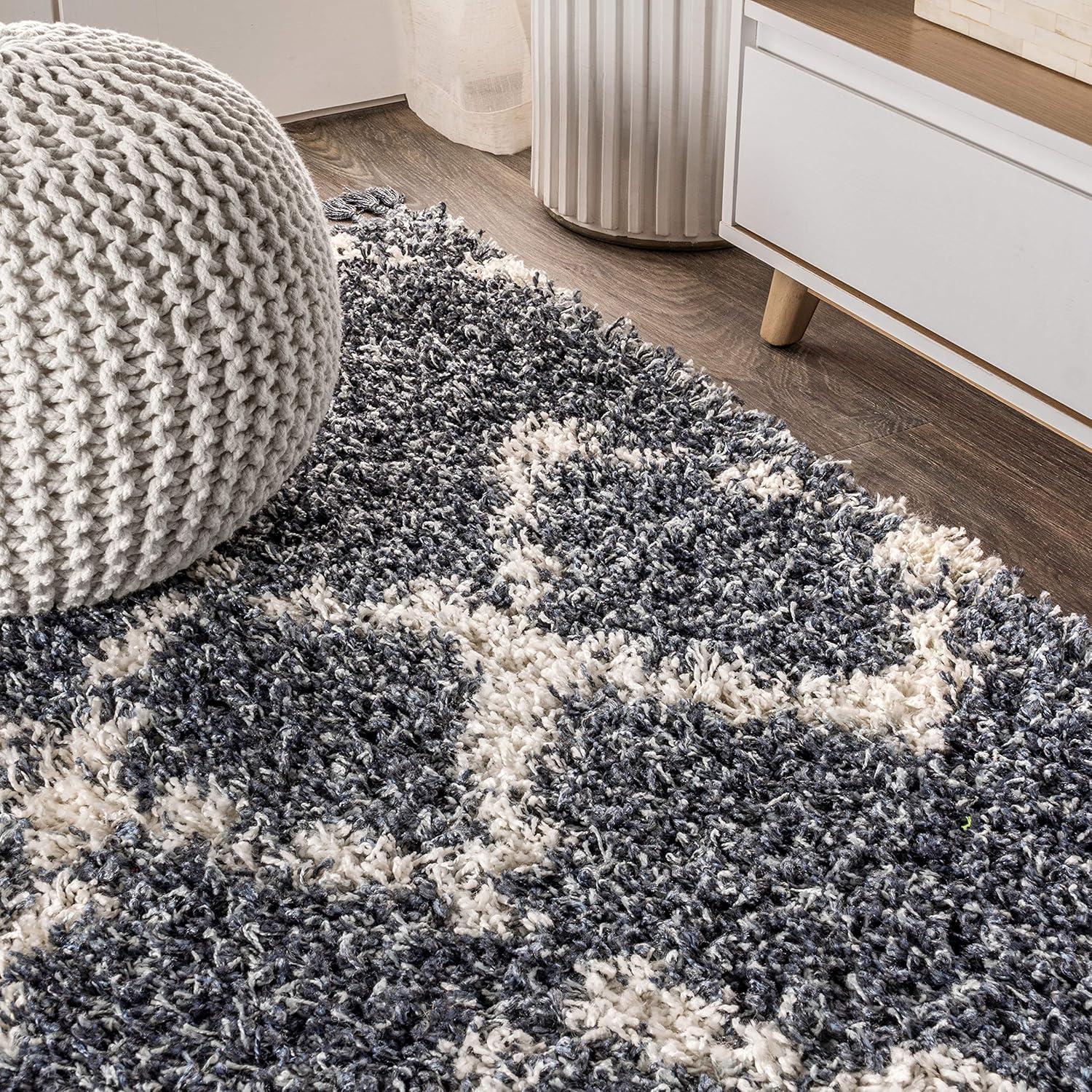 4'x6' Mercer Shag Plush Tassel Moroccan Geometric Trellis Area Rug, Denim/Cream - JONATHAN Y