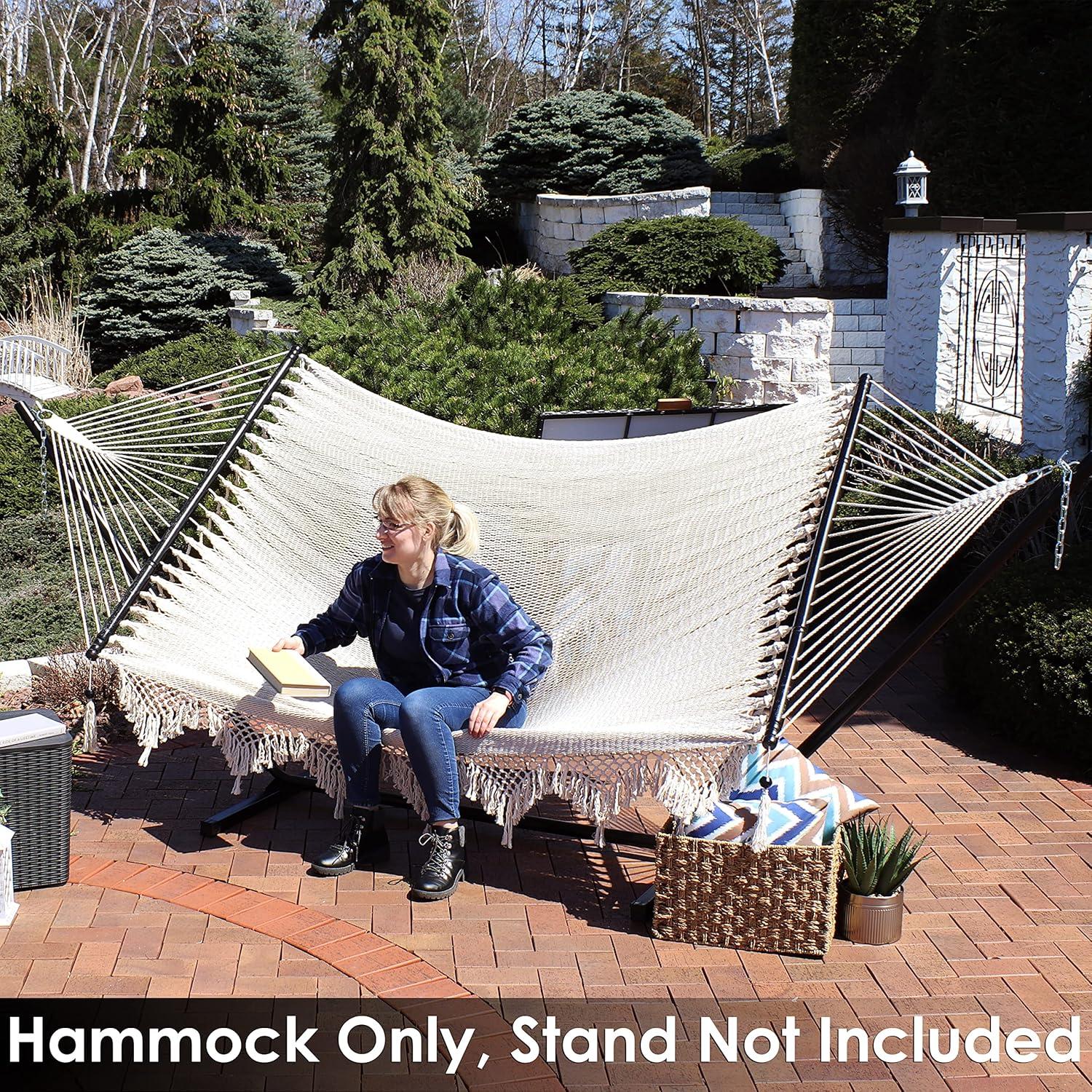 Sunnydaze Heavy-Duty 2-Person Woven Polyester Style Hammock with Crocheted edges and Wooden Spreader Bars - 600 lb Weight Capacity - Natural