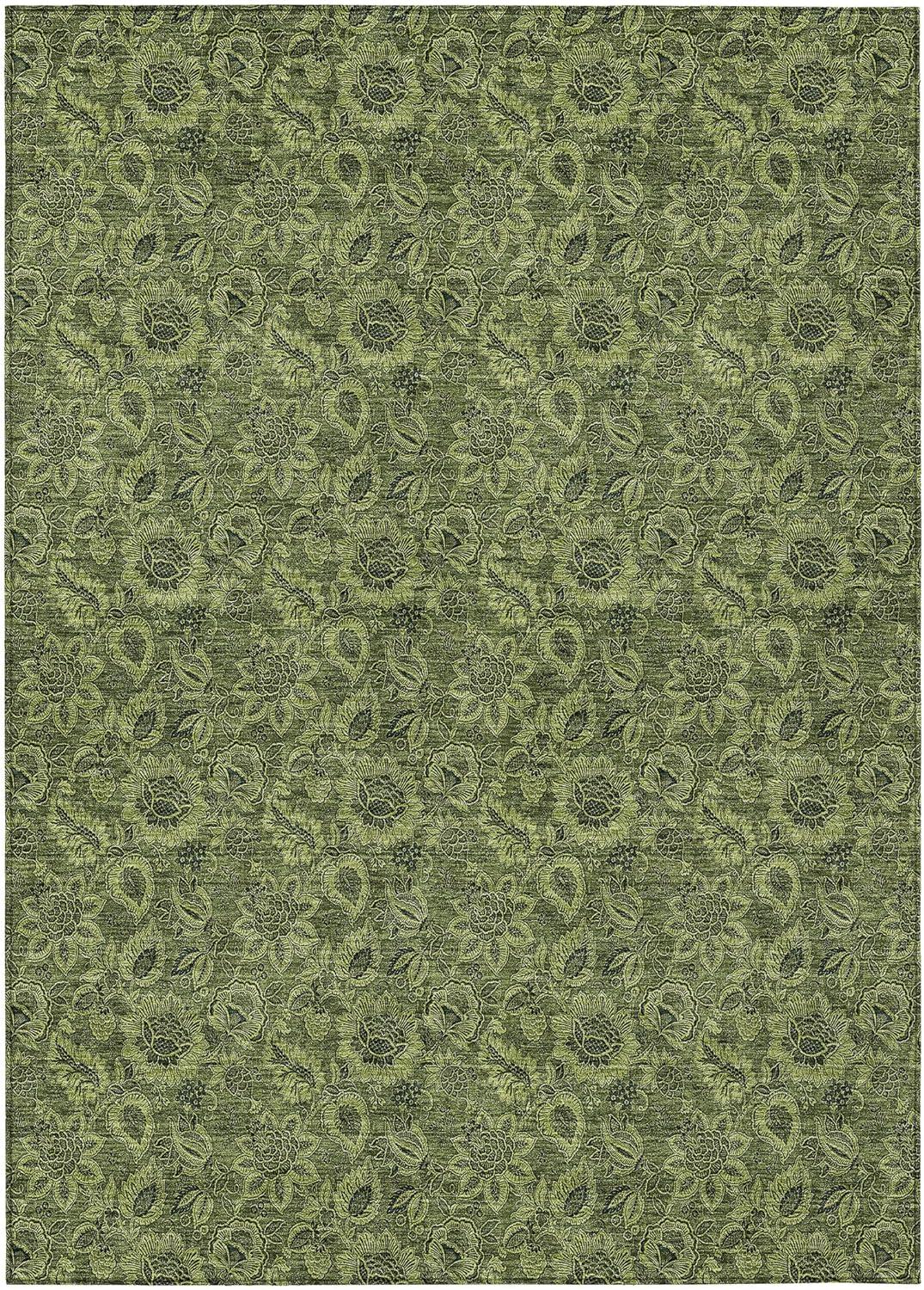 Olive Floral Machine-Washable Indoor/Outdoor Area Rug