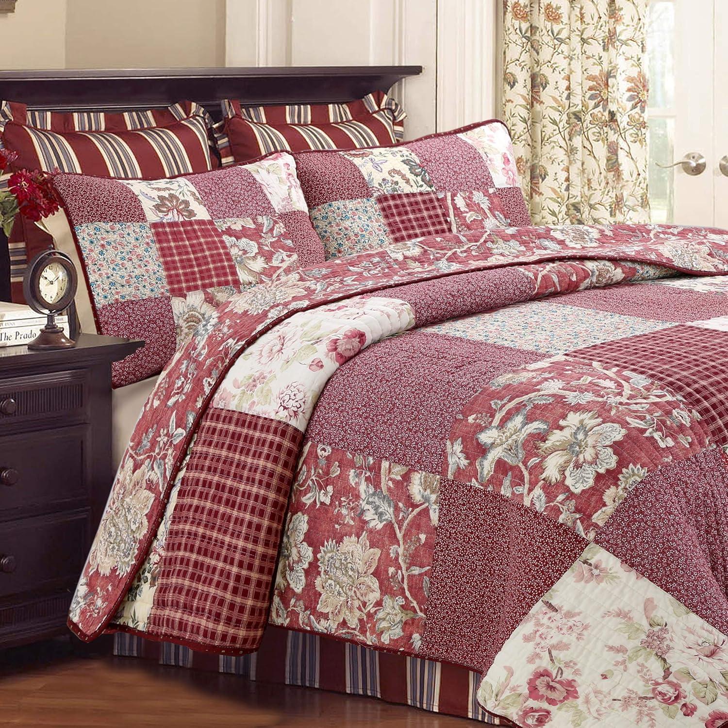 Cozy Line Thalia Real Patchwork Red Floral 3 Piece Reversible Cotton Quilt Bedding Set Queen