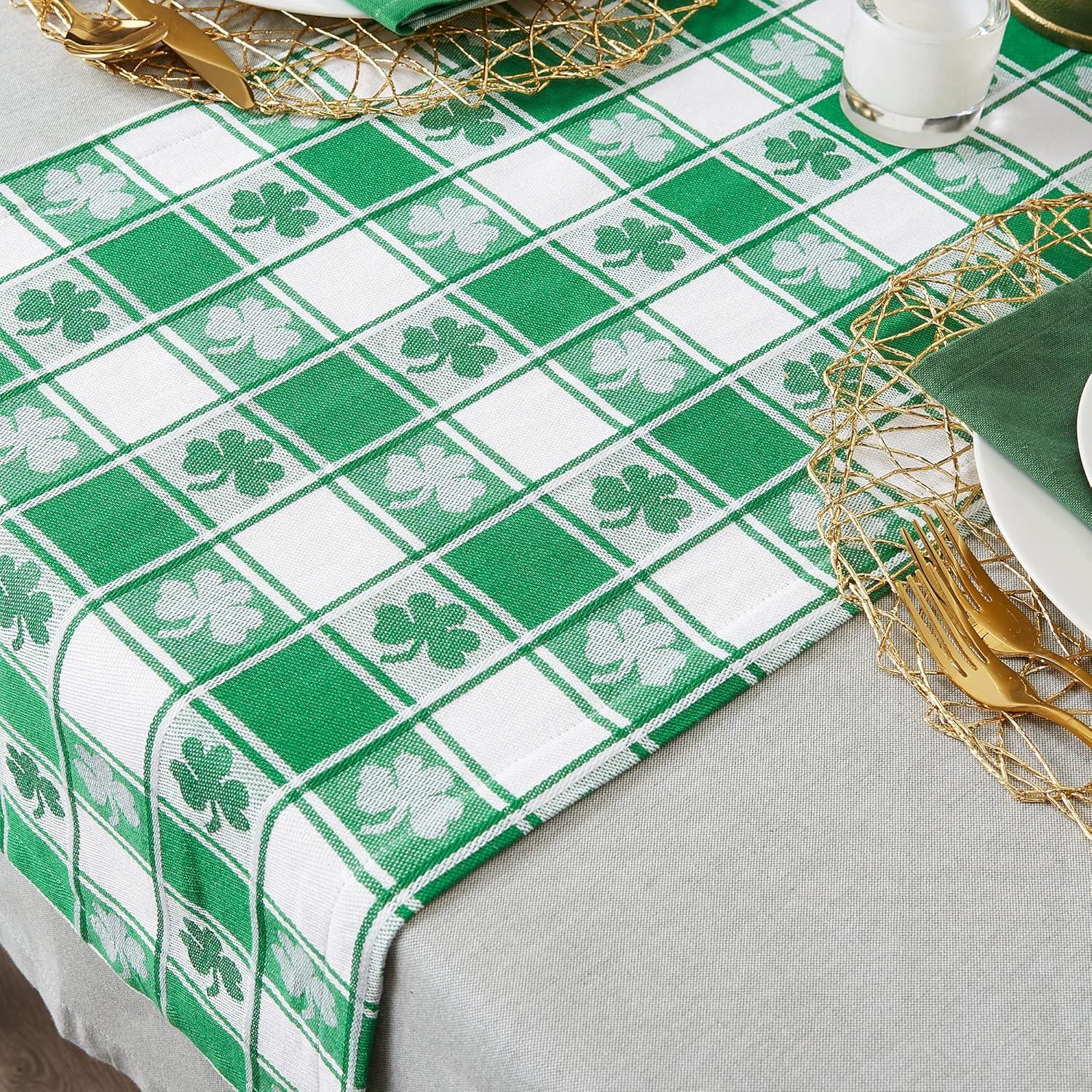 Green and White Cotton Shamrock Check Table Runner 14x72