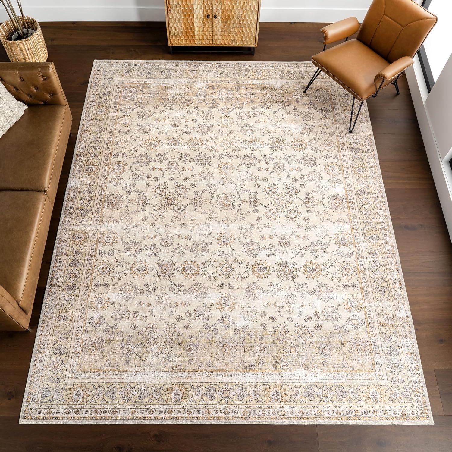 Gray and Beige 9' x 12' Synthetic Washable Area Rug