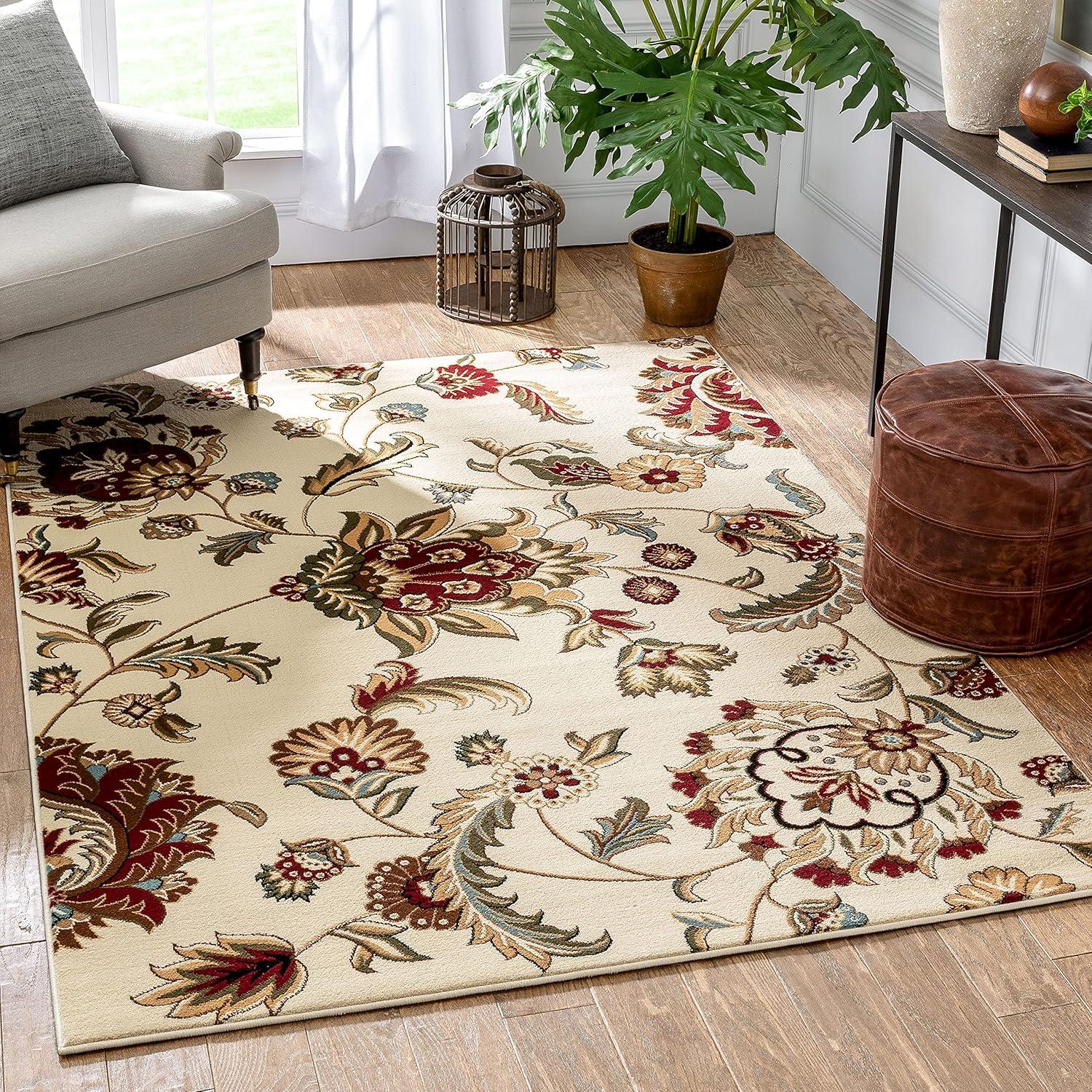 Ivory Floral Oriental Synthetic Area Rug 3'11" x 5'3"