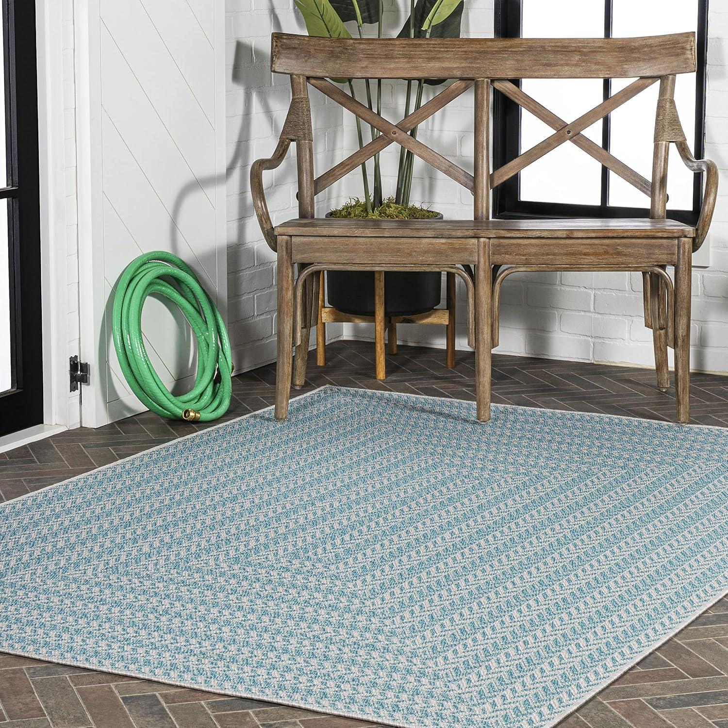 Aqua and Light Gray Geometric Synthetic 3x5 Indoor/Outdoor Rug