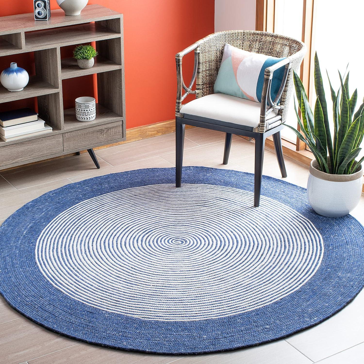 Handwoven Navy and Ivory Wool 4' Round Braided Rug