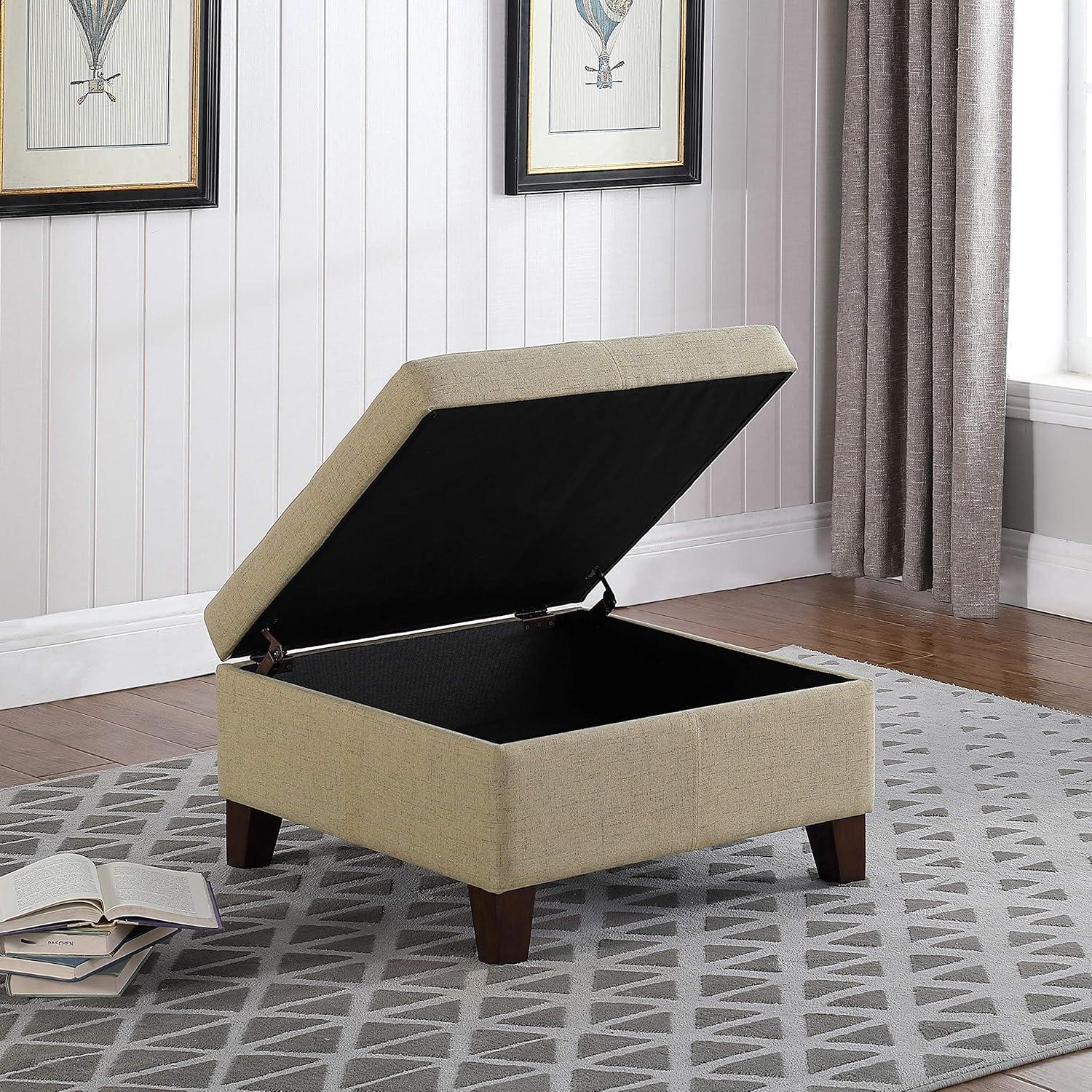 Luxury Large Square Storage Ottoman Tan - HomePop: Linen-Like Upholstery, Wood Legs, Hinged Lid