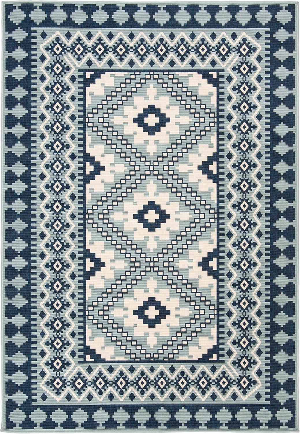 Blue and Ivory Synthetic Easy Care Indoor/Outdoor Rug