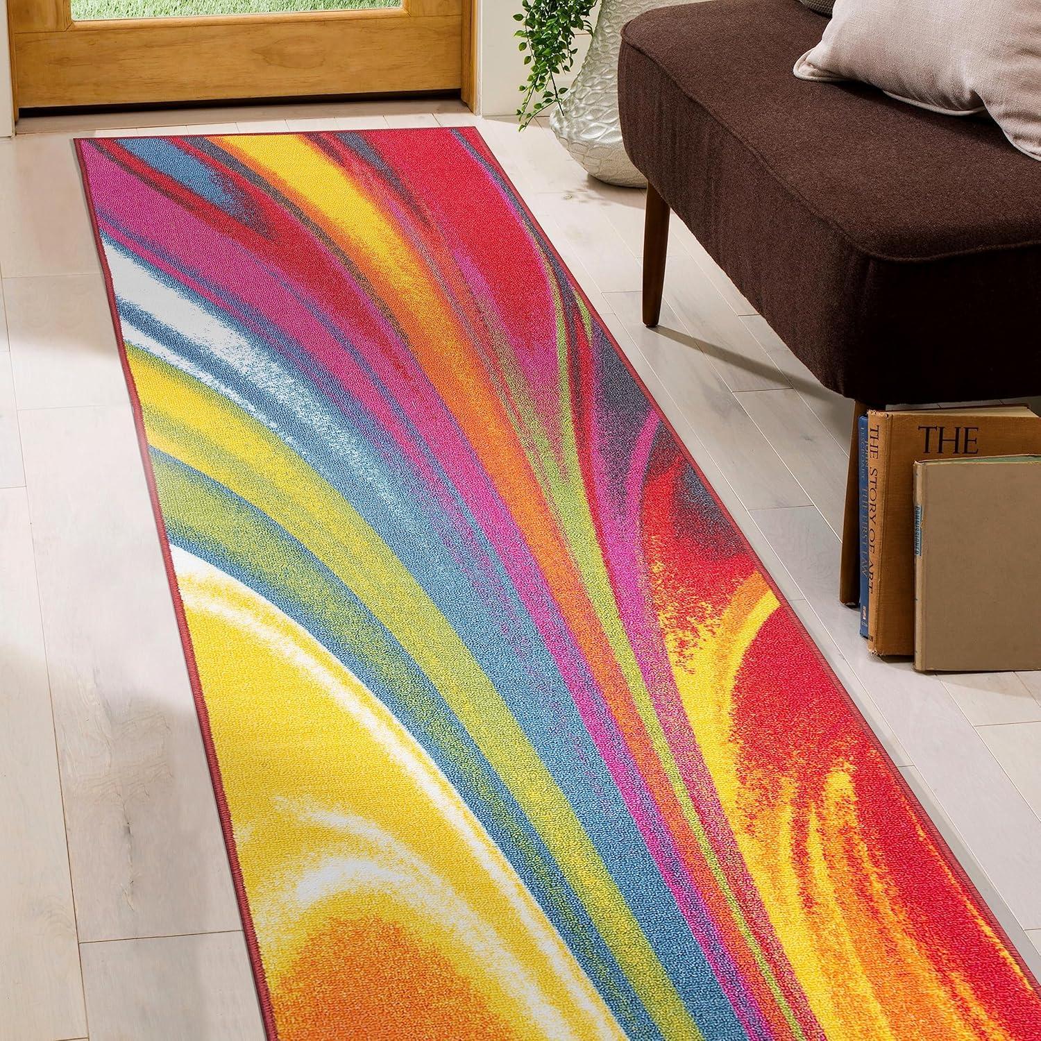 World Rug Gallery Modern Contemporary Waves Multicolored Non-slip (Non-skid) Area Rug