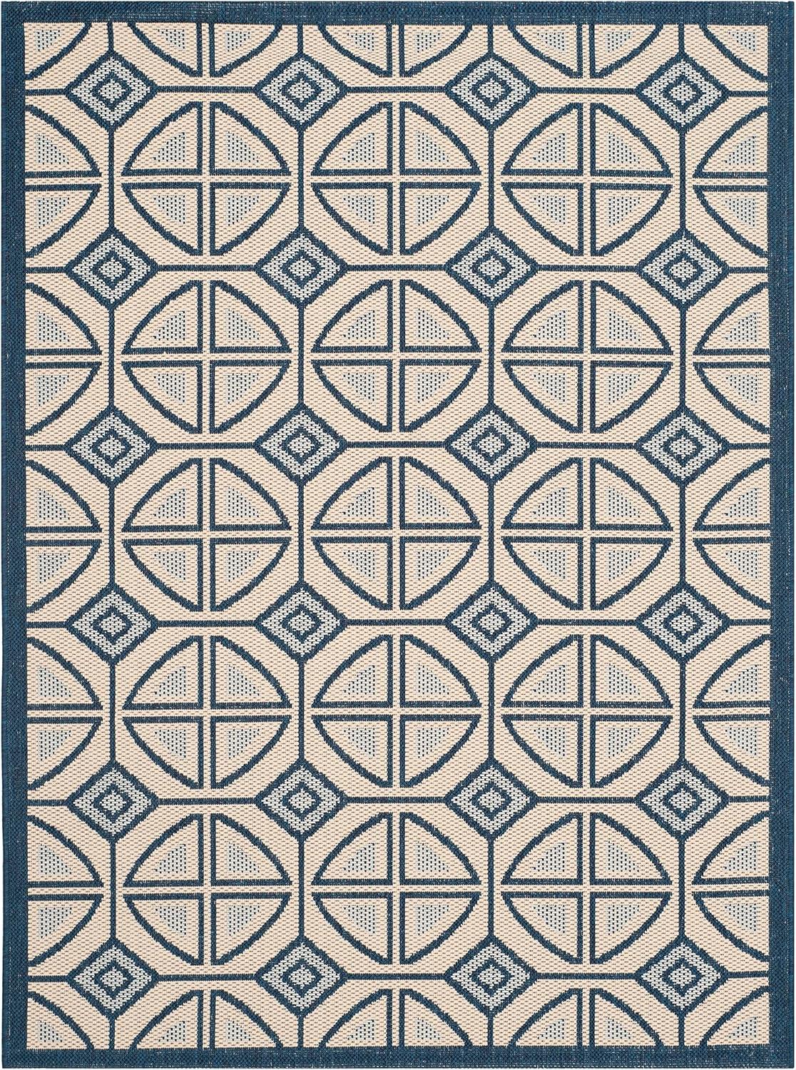 SAFAVIEH Courtyard Adam Geometric Indoor/Outdoor Area Rug, Beige/Navy, 2'7" x 5'