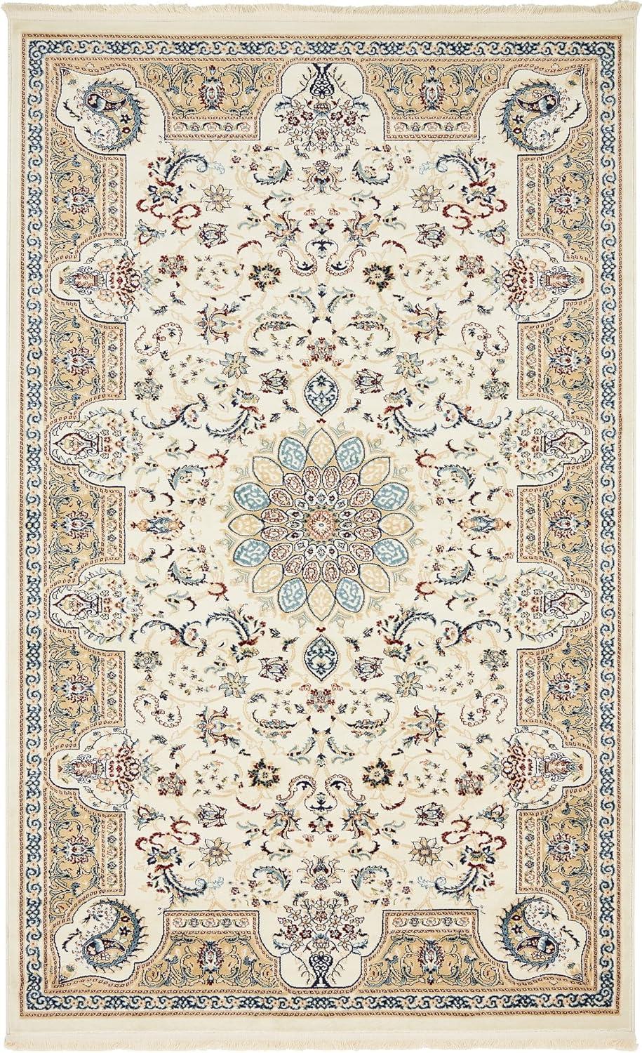 Ivory Floral Rectangular Synthetic Easy Care Rug