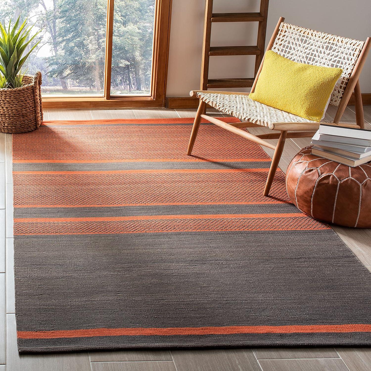 Dark Gray and Orange Handmade Wool Striped Area Rug