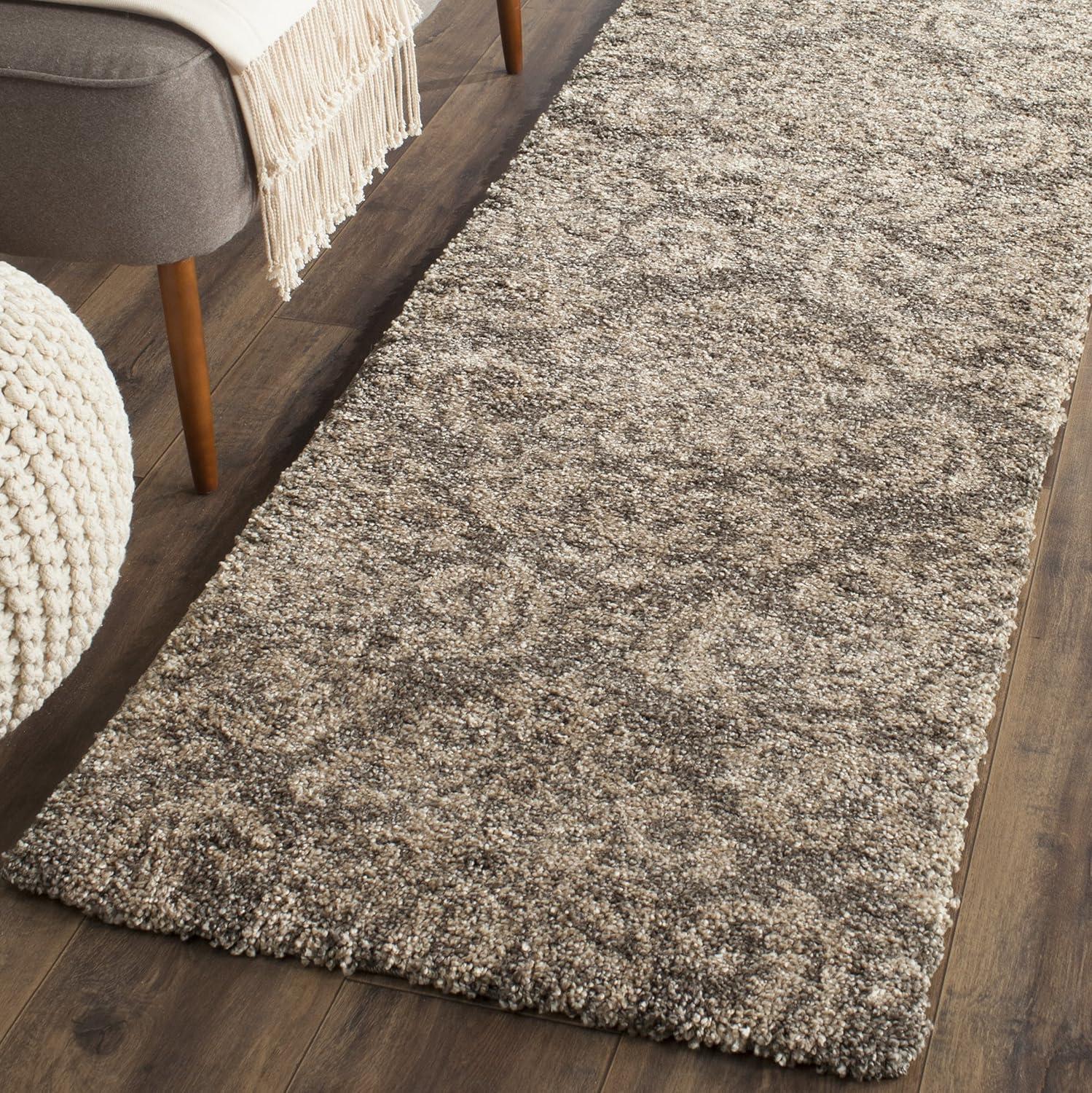 Handmade Smoke and Beige Floral Shag Rug, 27" x 11"