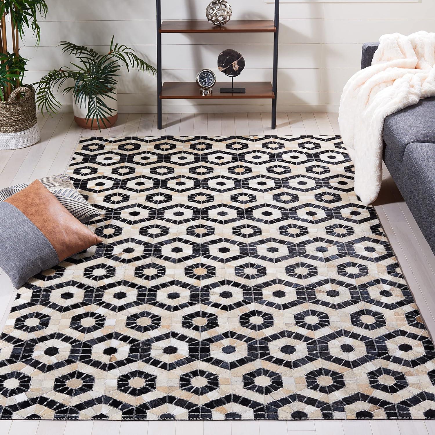 Handmade Black Geometric Cowhide Square Area Rug, 6'