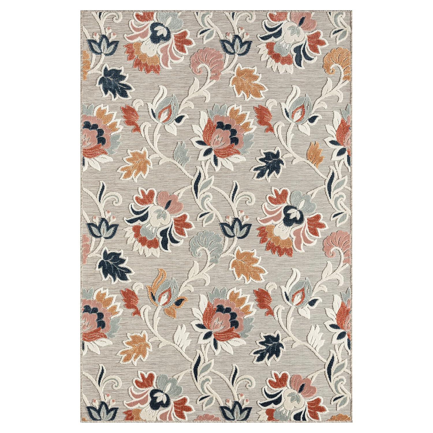 HomeRoots 5' X 7' Blue And Gray Floral Stain Resistant Indoor Outdoor Area Rug