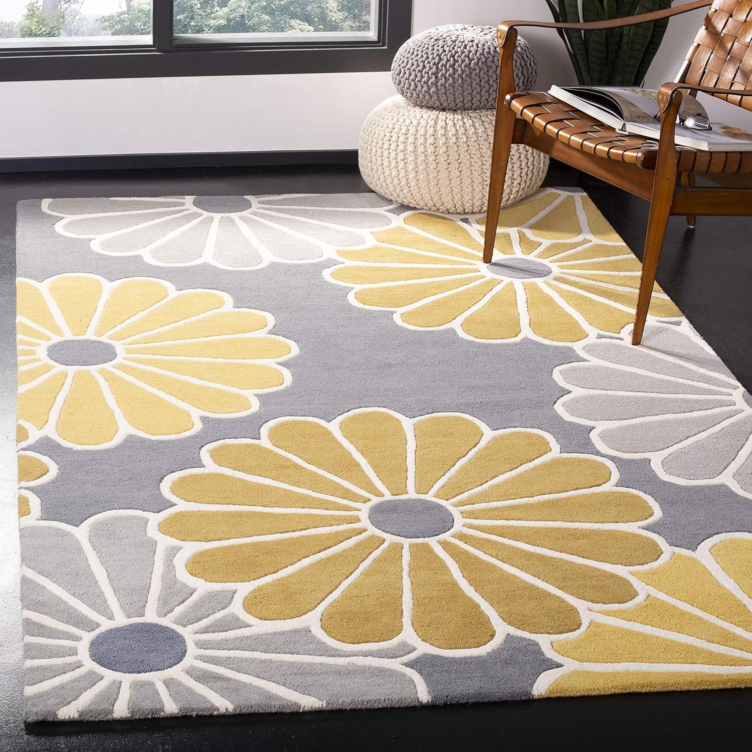 Gray and Yellow Floral Tufted Wool Area Rug, 7'6" x 9'6"