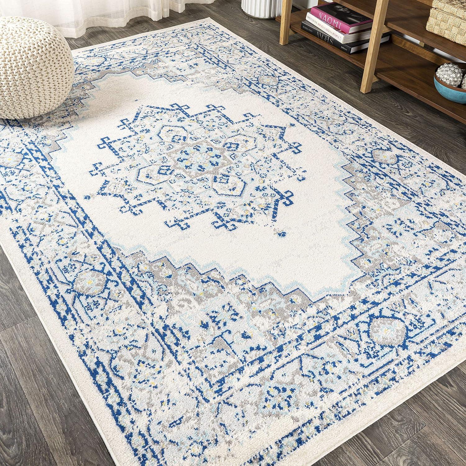 Reversible Blue/Gray Medallion Synthetic Area Rug 5'x8'