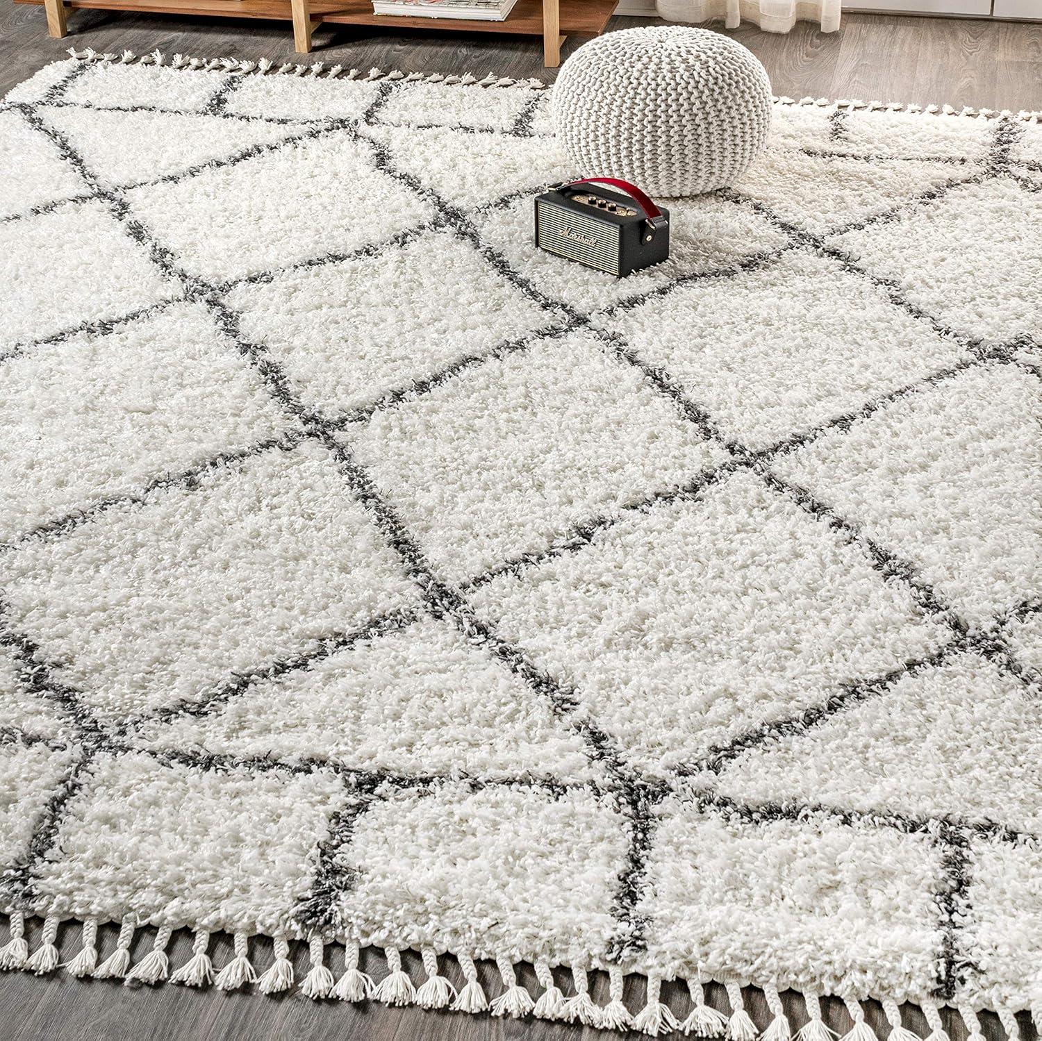 8'x10' Mercer Shag Plush Tassel Moroccan Geometric Trellis Area Rug, Cream/Grey - JONATHAN Y