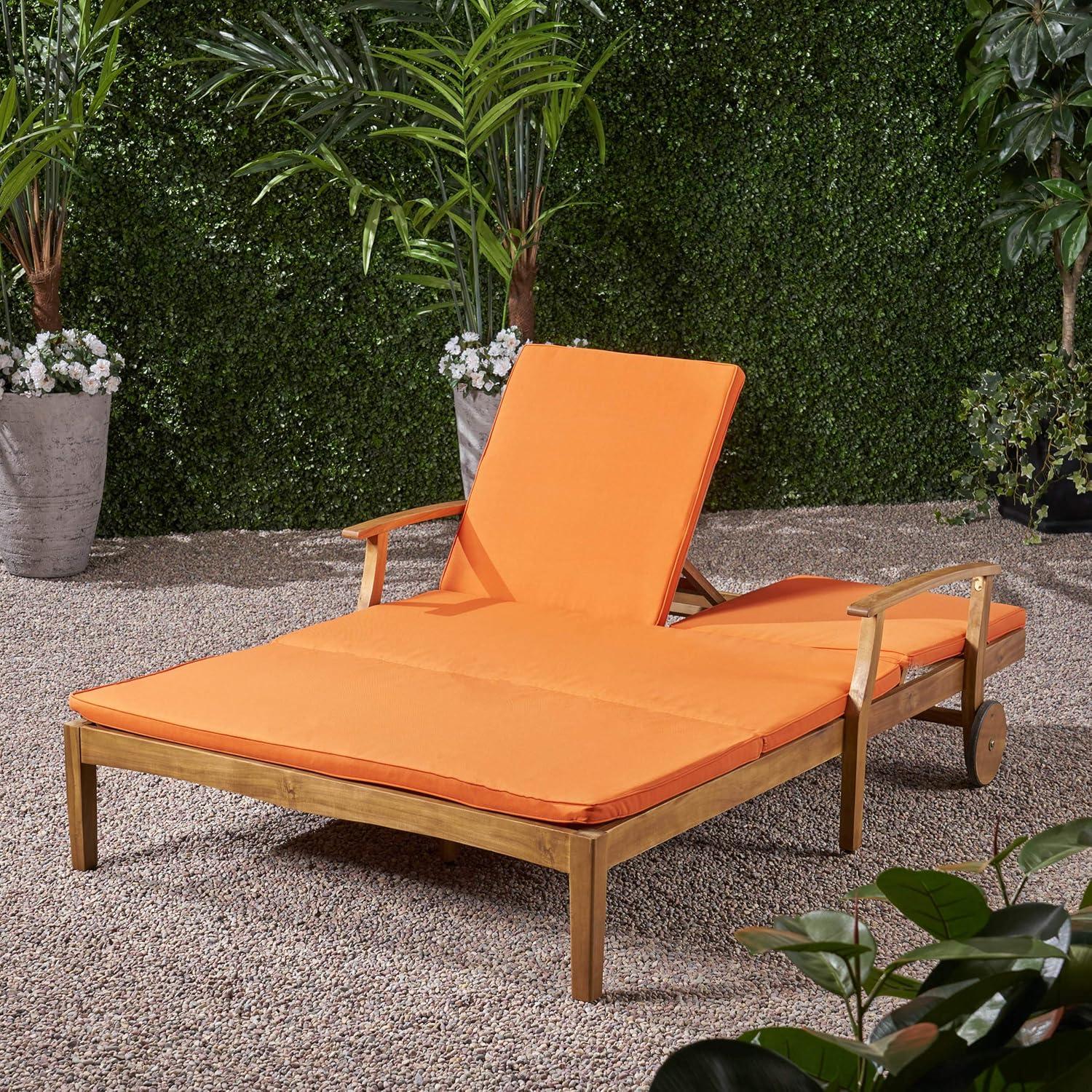 Samantha Double Chaise Lounge for Yard and Patio, Teak Finish with Orange Cushions