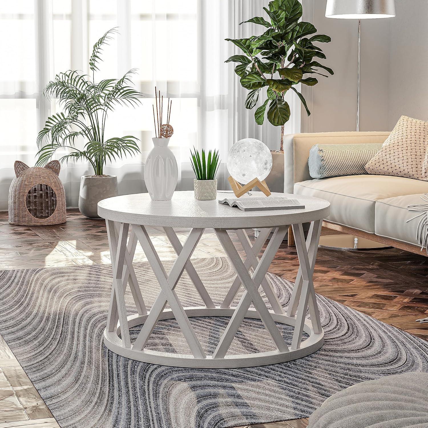 Antique White Round Wood Coffee Table with X-Motifs