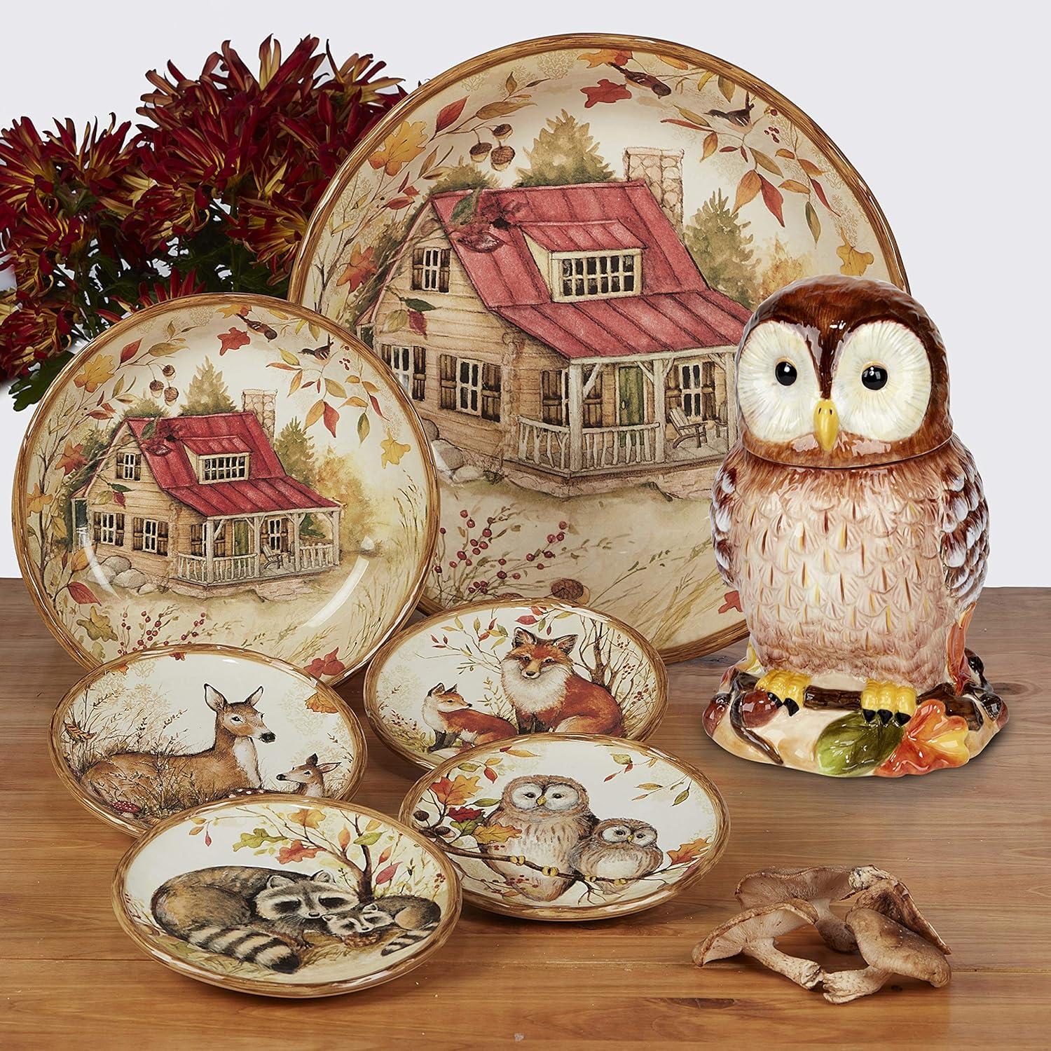 Pine Forest Ceramic Dinnerware Set with Forest Critters, Service for 4