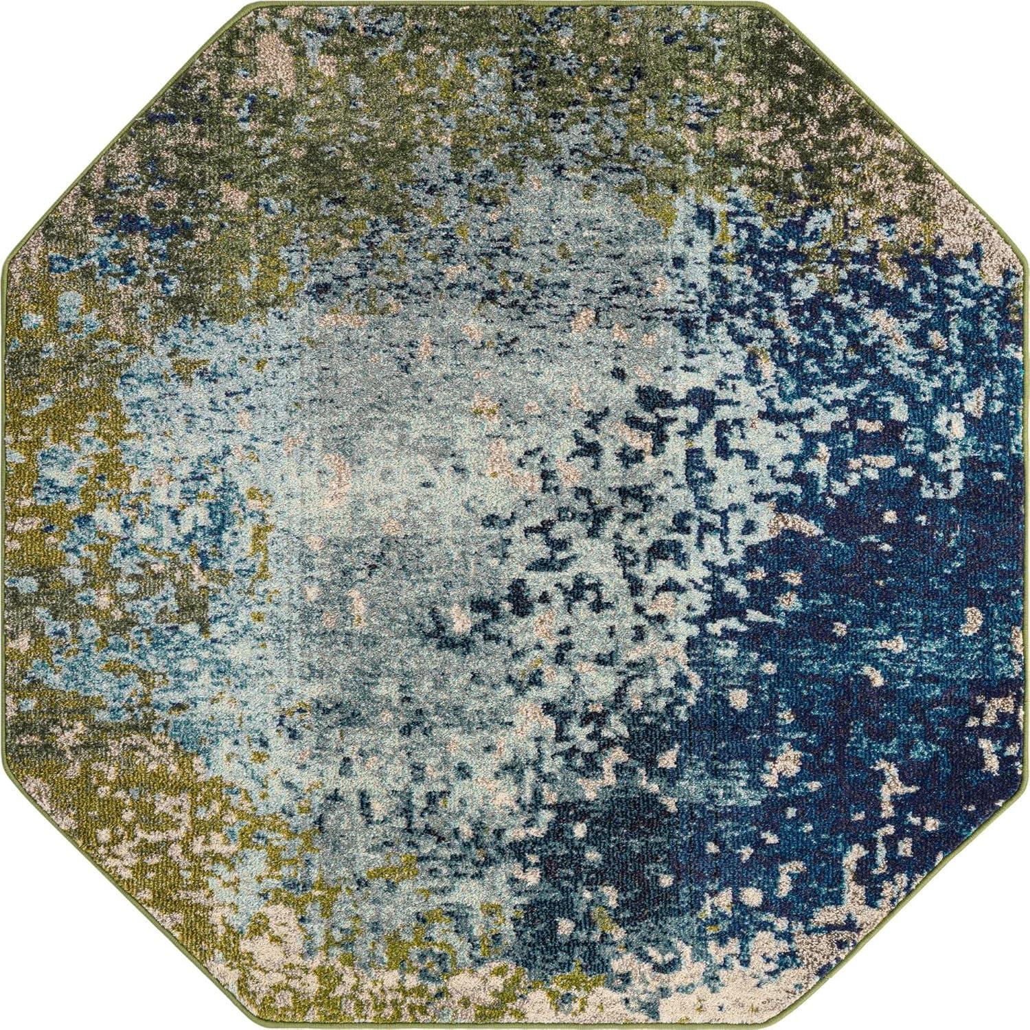 Blue Octagon Abstract Easy-Care Synthetic Area Rug