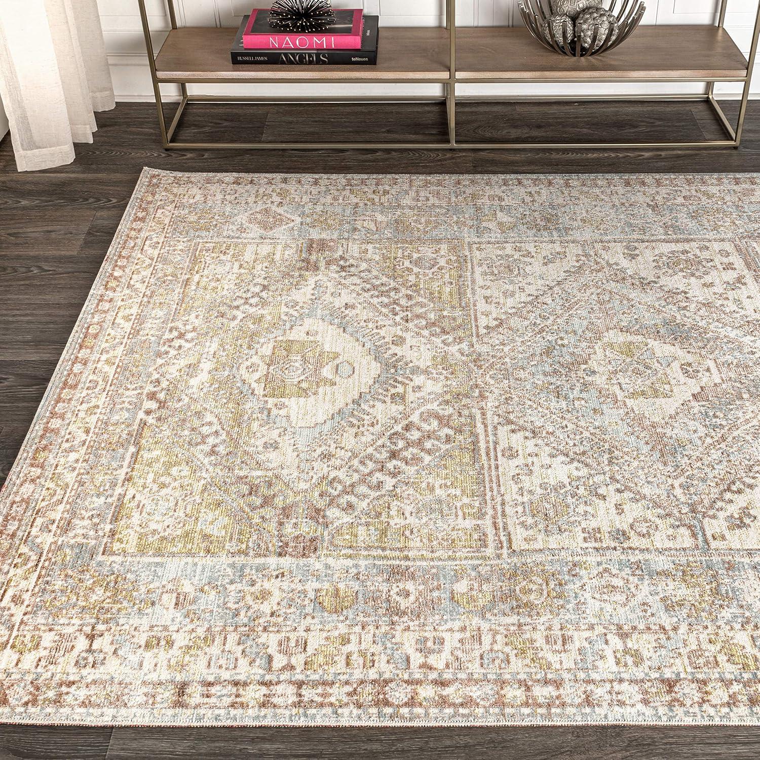 Light Blue and Ivory Medallion Synthetic Area Rug, 5 x 8