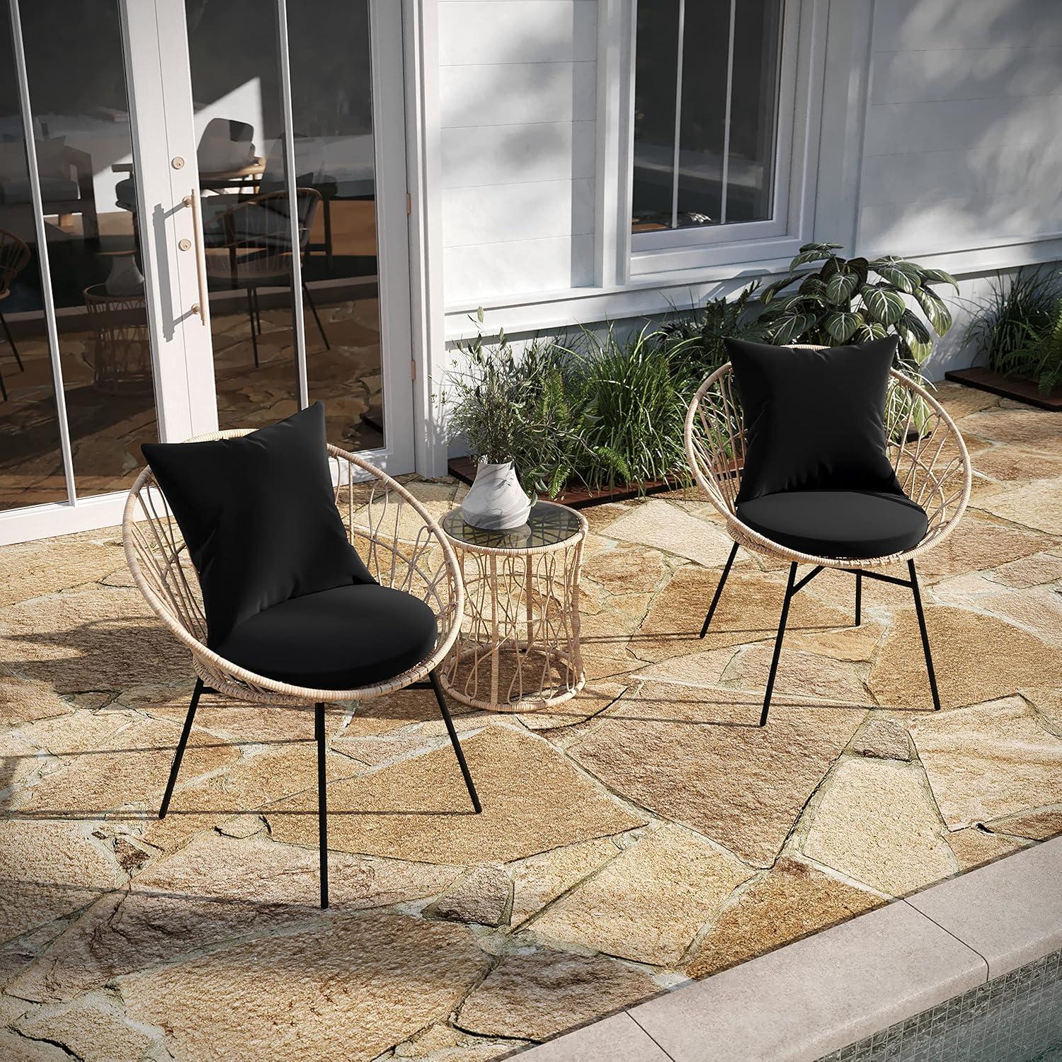 Taylor & Logan Fielder 3-Piece Tan Indoor/Outdoor Bistro Set with Papasan Style Rattan Rope Chairs, Glass Top Side Table & Black Cushions