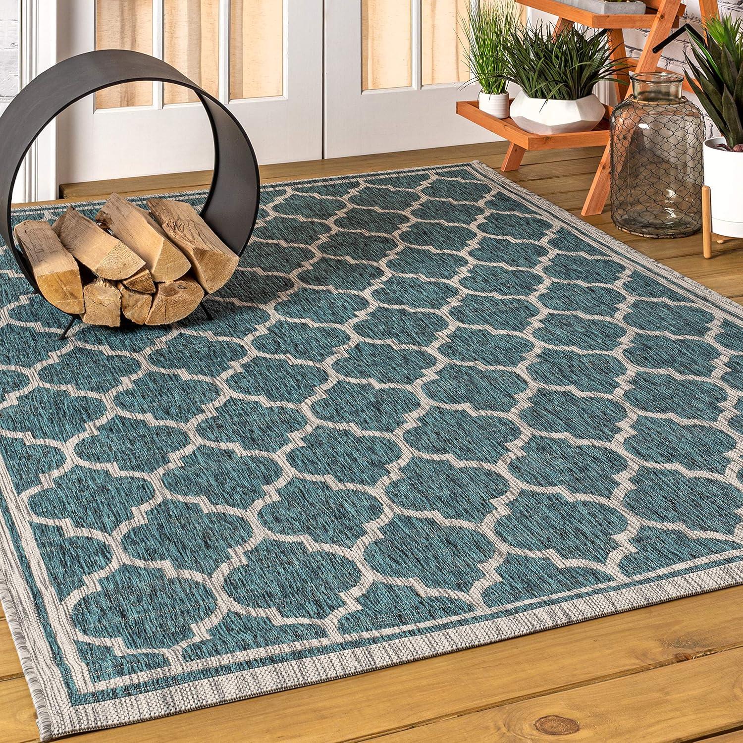 8'x10' Trebol Moroccan Trellis Textured Weave Indoor/Outdoor Area Rug, Teal/Gray - JONATHAN Y