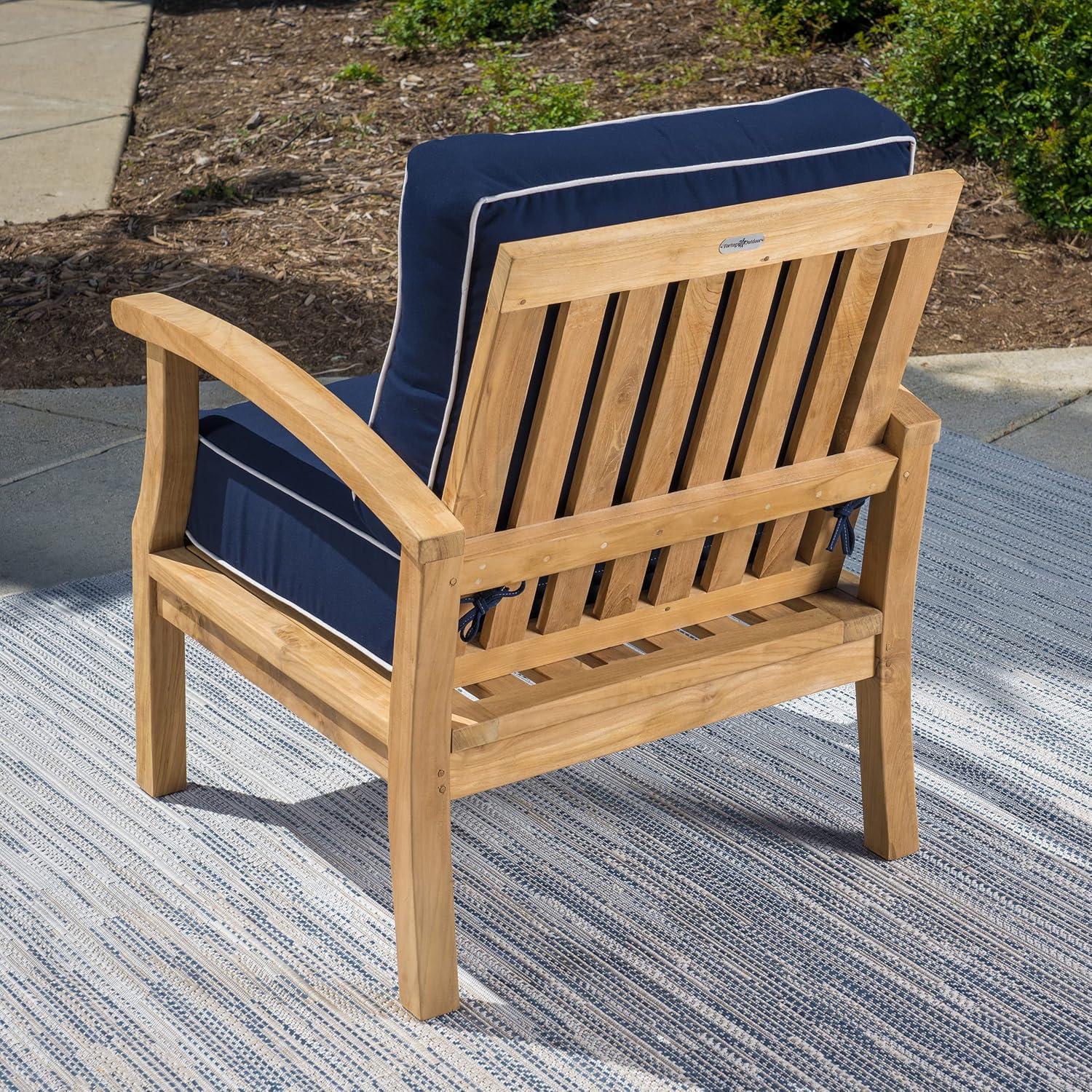 Jakarta Teak 4 Piece Club Chair and Ottoman Set with 2 Club Chairs and 2 Ottomans, Navy Cushions