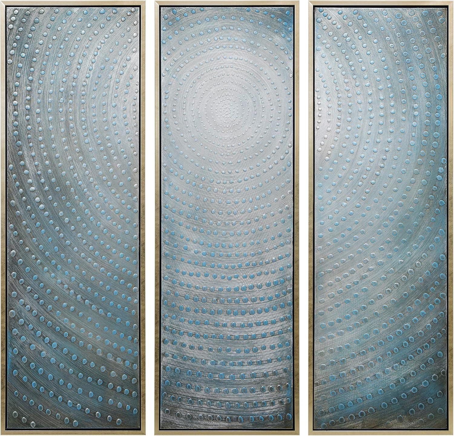 Concentric Blue and Silver Abstract Canvas Triptych, 60" x 60"