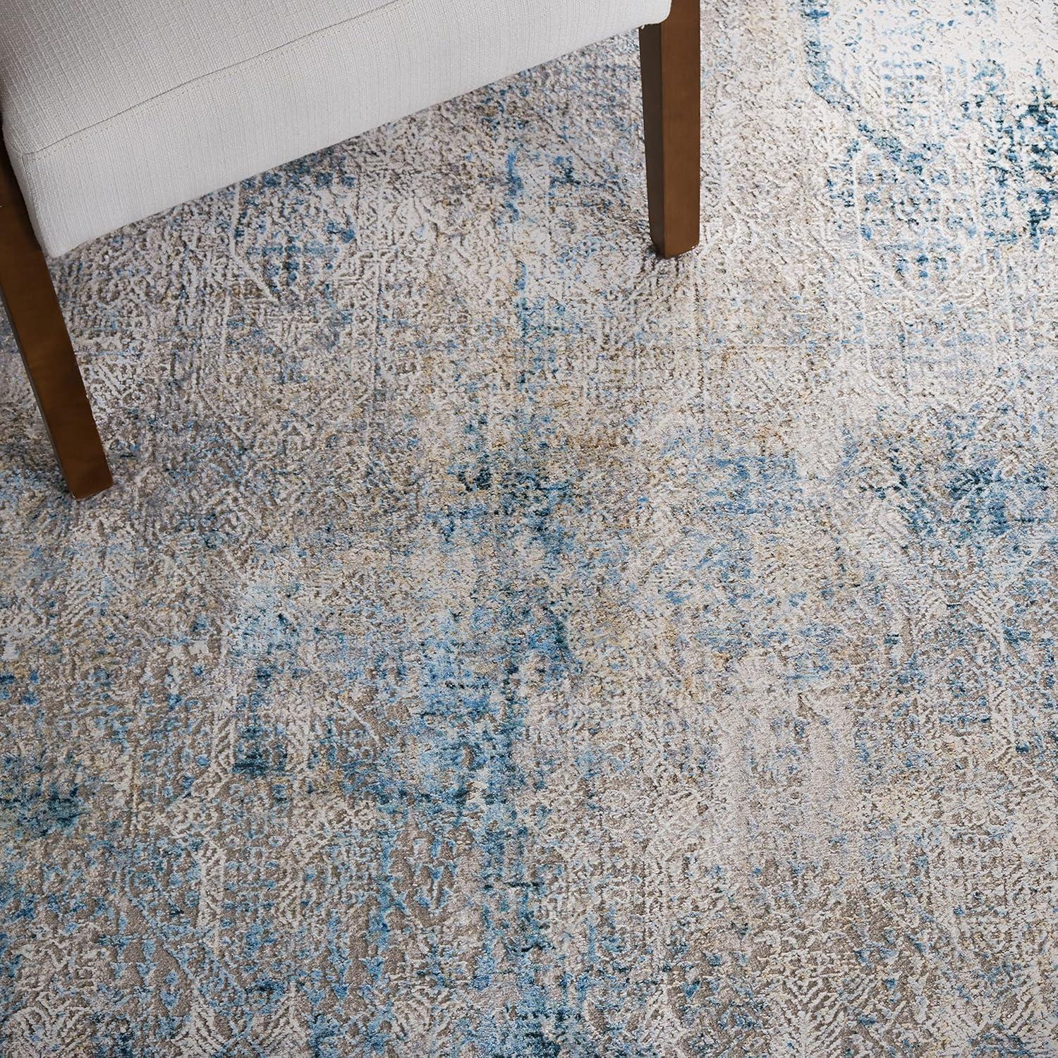 Gray and Blue Hand-Knotted Wool and Viscose Runner Rug