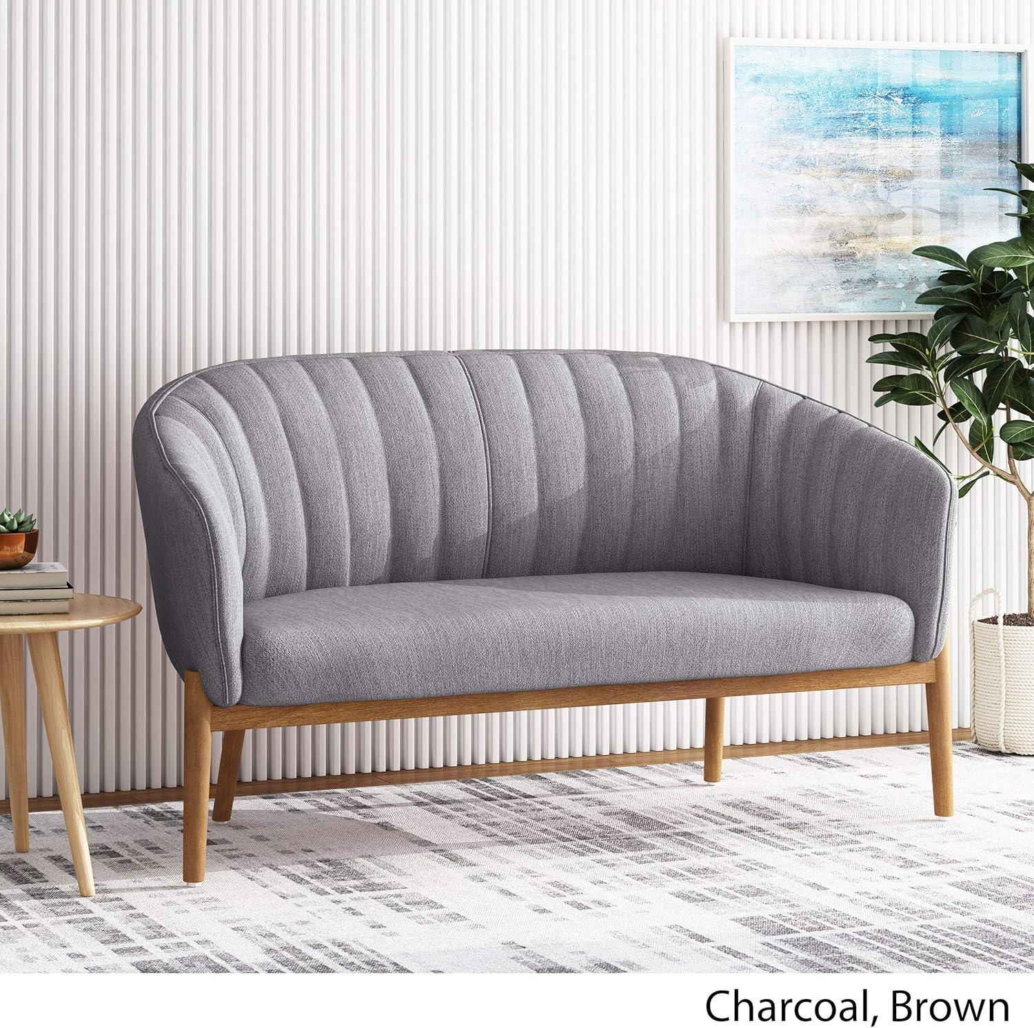 Deborah Mid-Century Beige Fabric Loveseat with Wood Legs