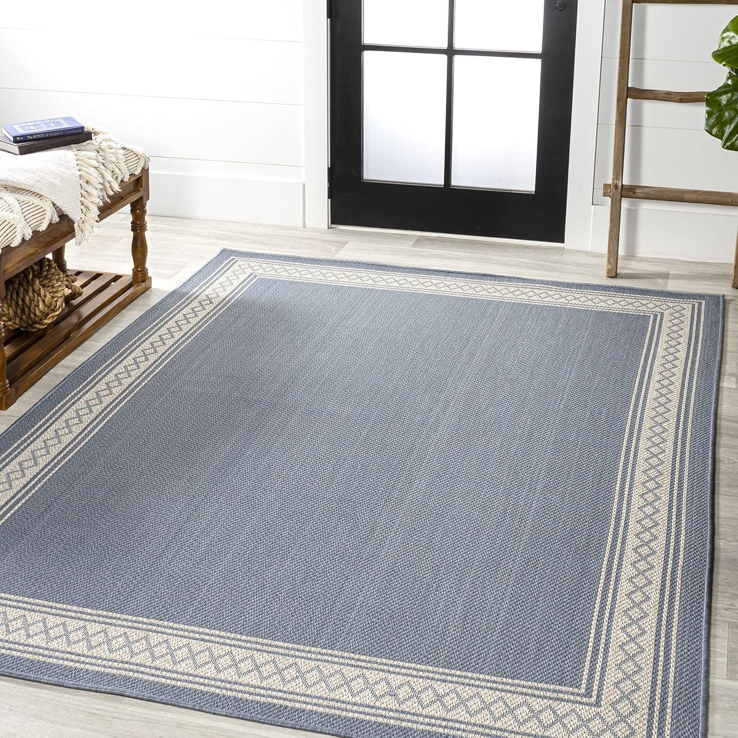 Modern Diamond Border 4' x 6' Blue Synthetic Area Rug