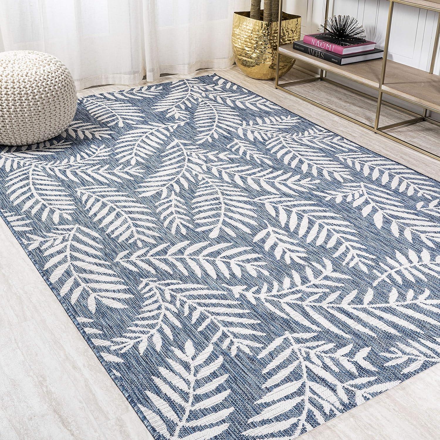 Ivory and Navy Palm Frond 4' x 6' Reversible Outdoor Rug