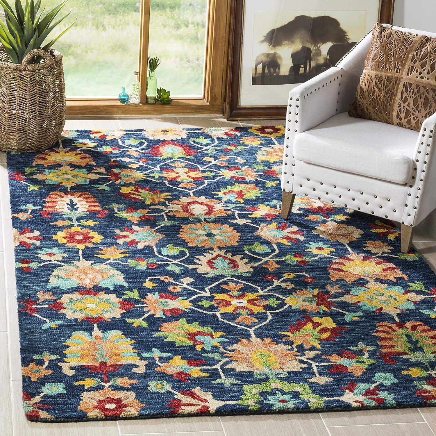 SAFAVIEH Aspen Magdalena Floral Bordered Wool Area Rug, Navy/Red, 6' x 9'
