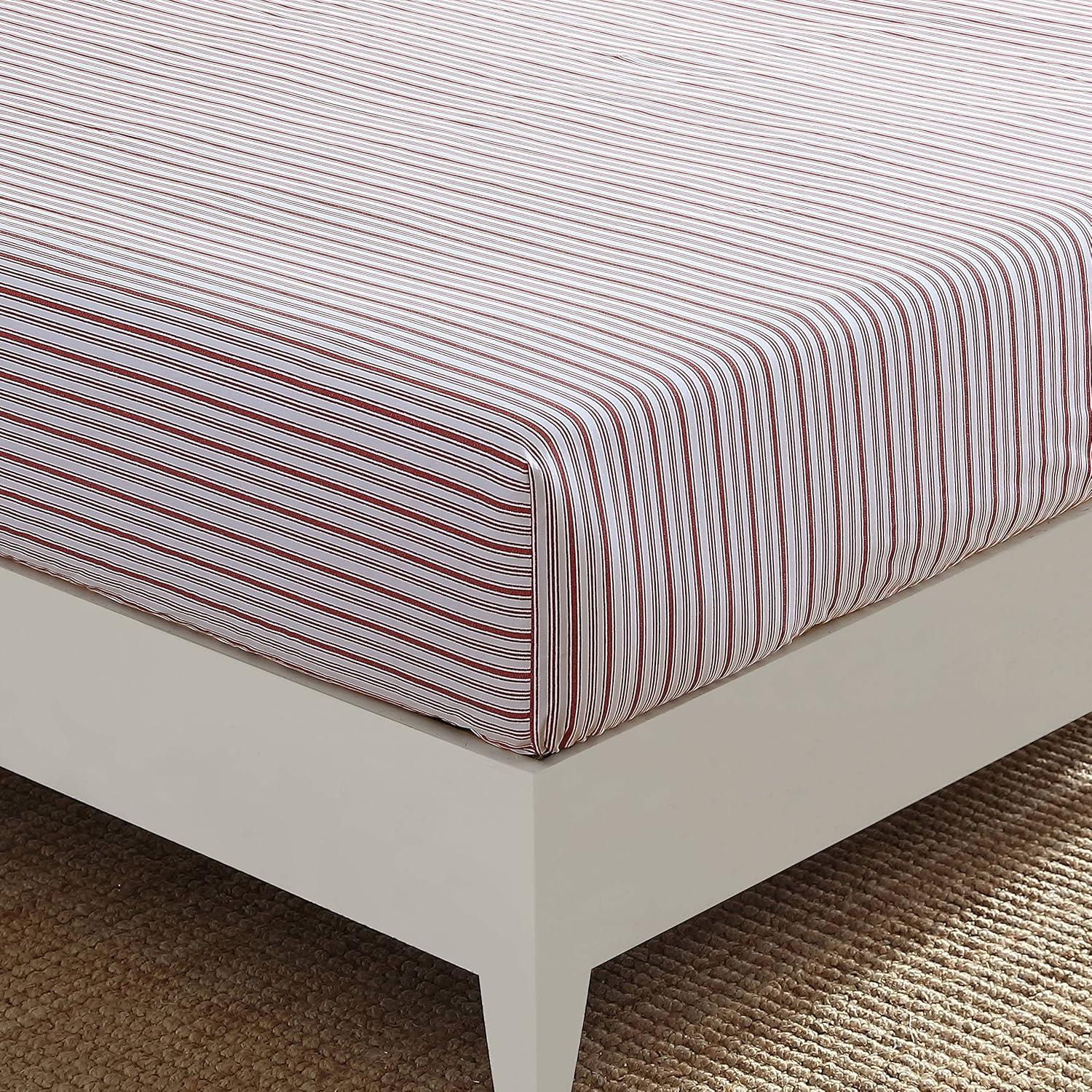 Queen Red Stripe Cotton Percale Fitted Sheet