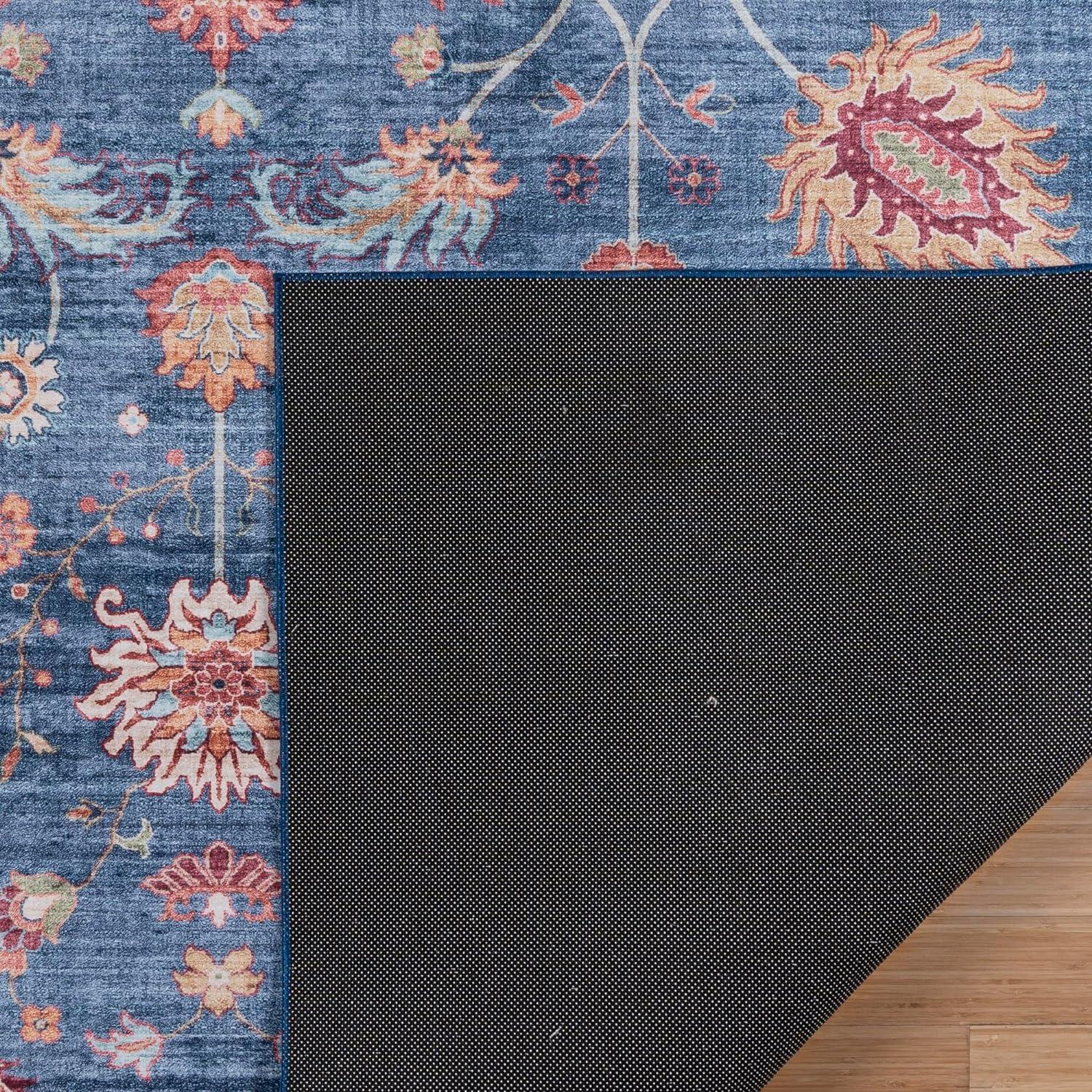 Gertmenian Crystal Print Cullen Navy Blue Multi Transitional Floral Border Washable Flat Pile Indoor Area Rug