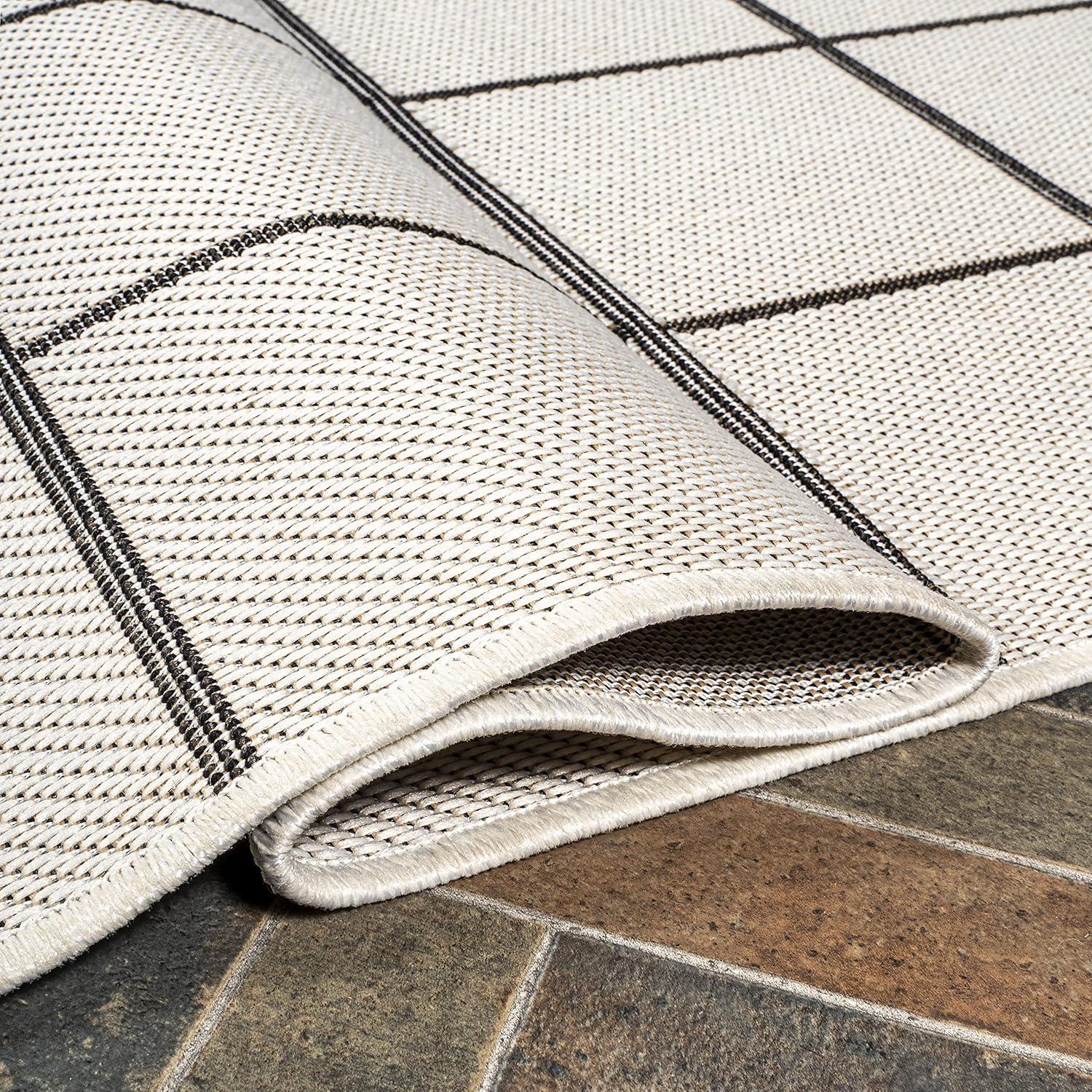 2' x 8' Grid Modern Squares Indoor/Outdoor Runner Rug, Cream/Black - JONATHAN Y