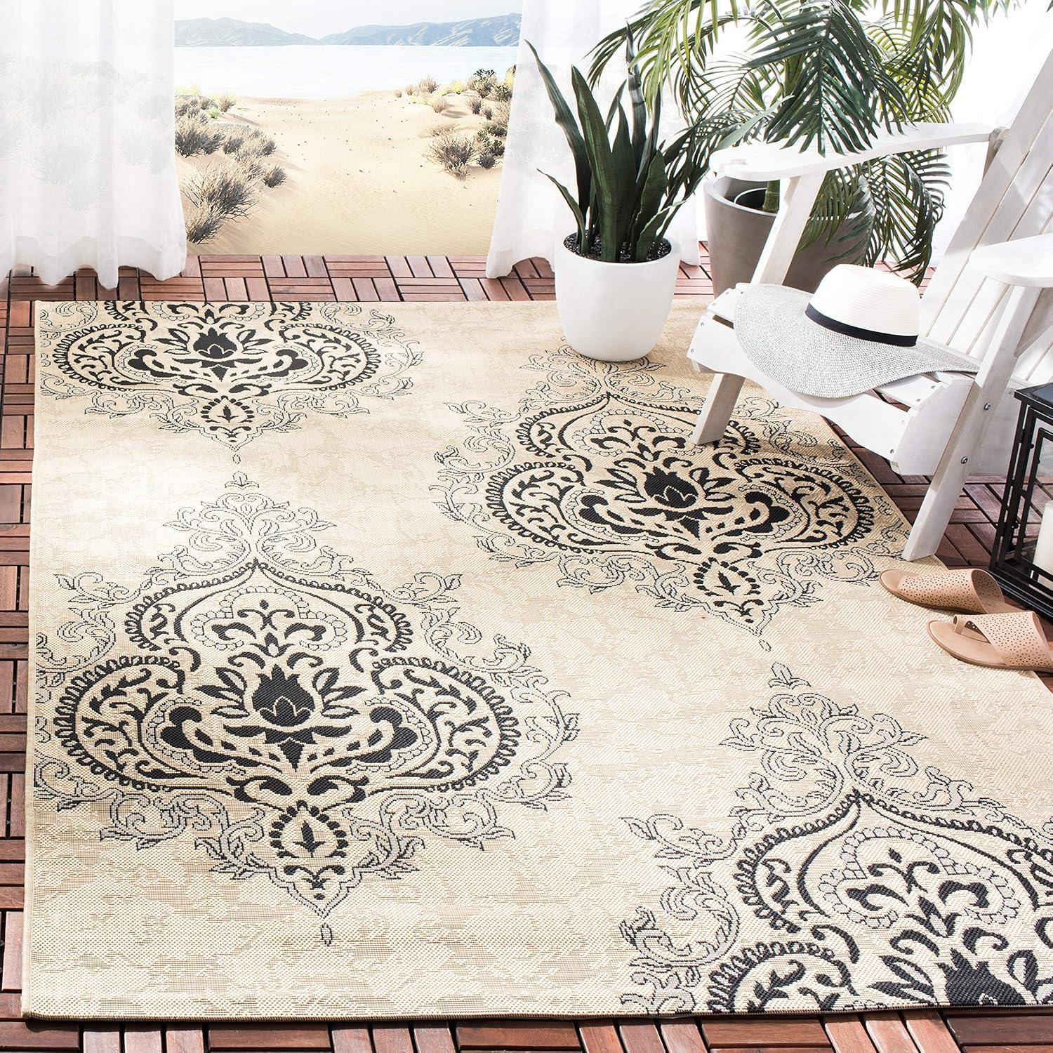 Courtyard Chic 6'7" Square Black and Cream Indoor/Outdoor Area Rug