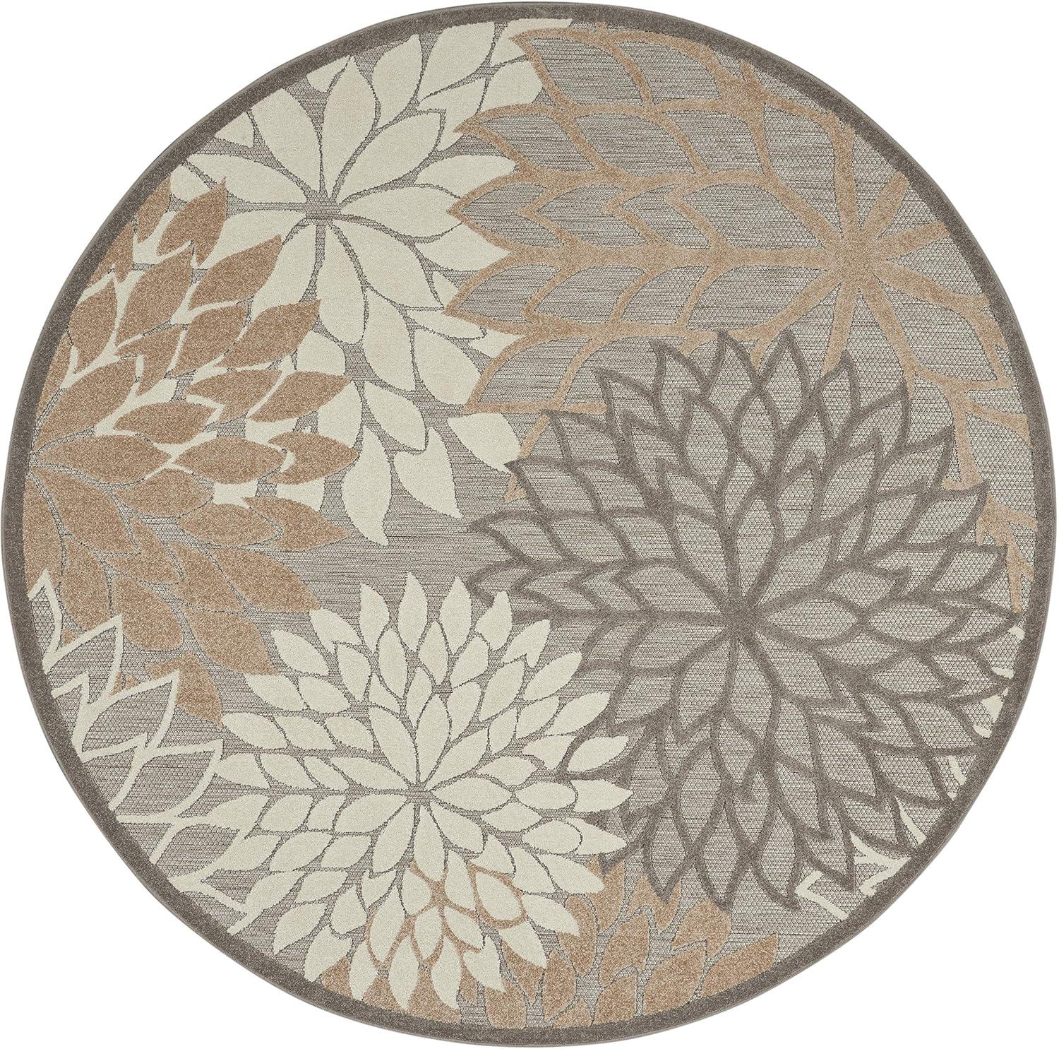 Nourison Aloha Floral Bloom Flatweave High-Low Indoor Outdoor Round Rug Natural 5'3" x 5'3"