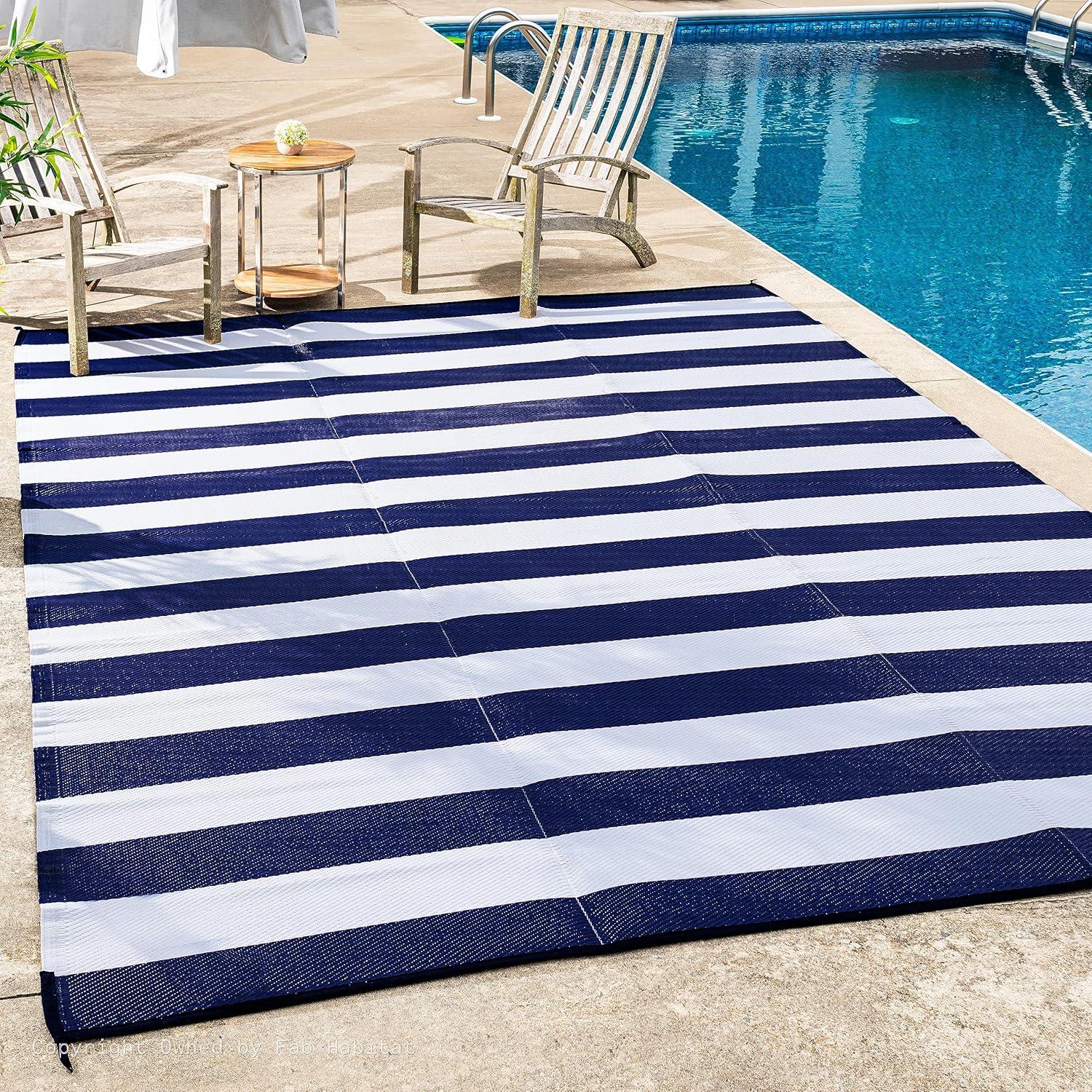 FH Home Outdoor Rug - Waterproof, Fade Resistant, Crease-Free - Premium Recycled Plastic - Striped - Patio, Deck, Porch, Balcony, Laundry Room - Brittany Stripe - Blue & White - 4 x 6 ft