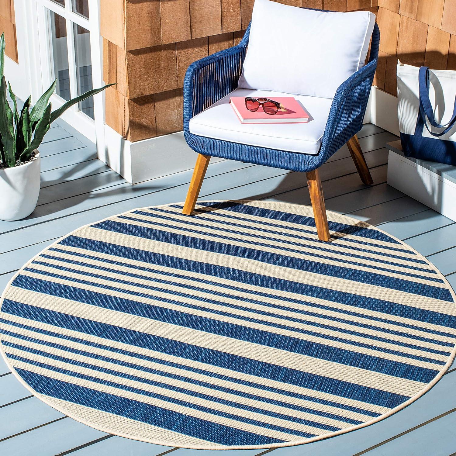 Navy Stripe 7'1" Round Synthetic Easy-Care Outdoor Rug