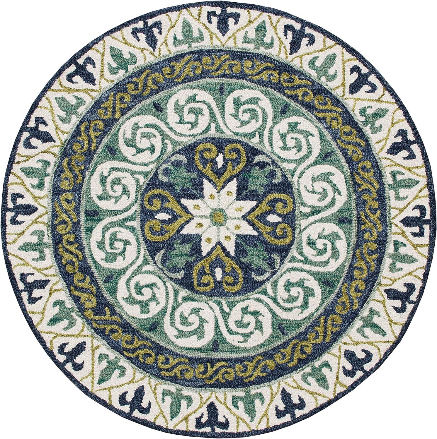 Handmade 5' Round Blue Wool and Viscose Medallion Rug