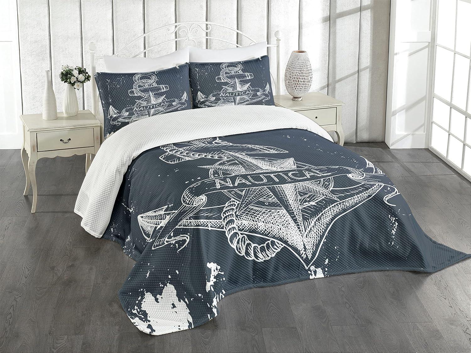 Ambesonne Ambesonne Nautical Bedspread Set Knot Anchor Compass Dark Blue White