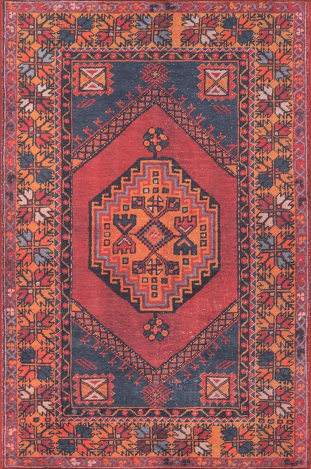 Afshar Red and Navy Geometric 5' x 7'6" Synthetic Area Rug