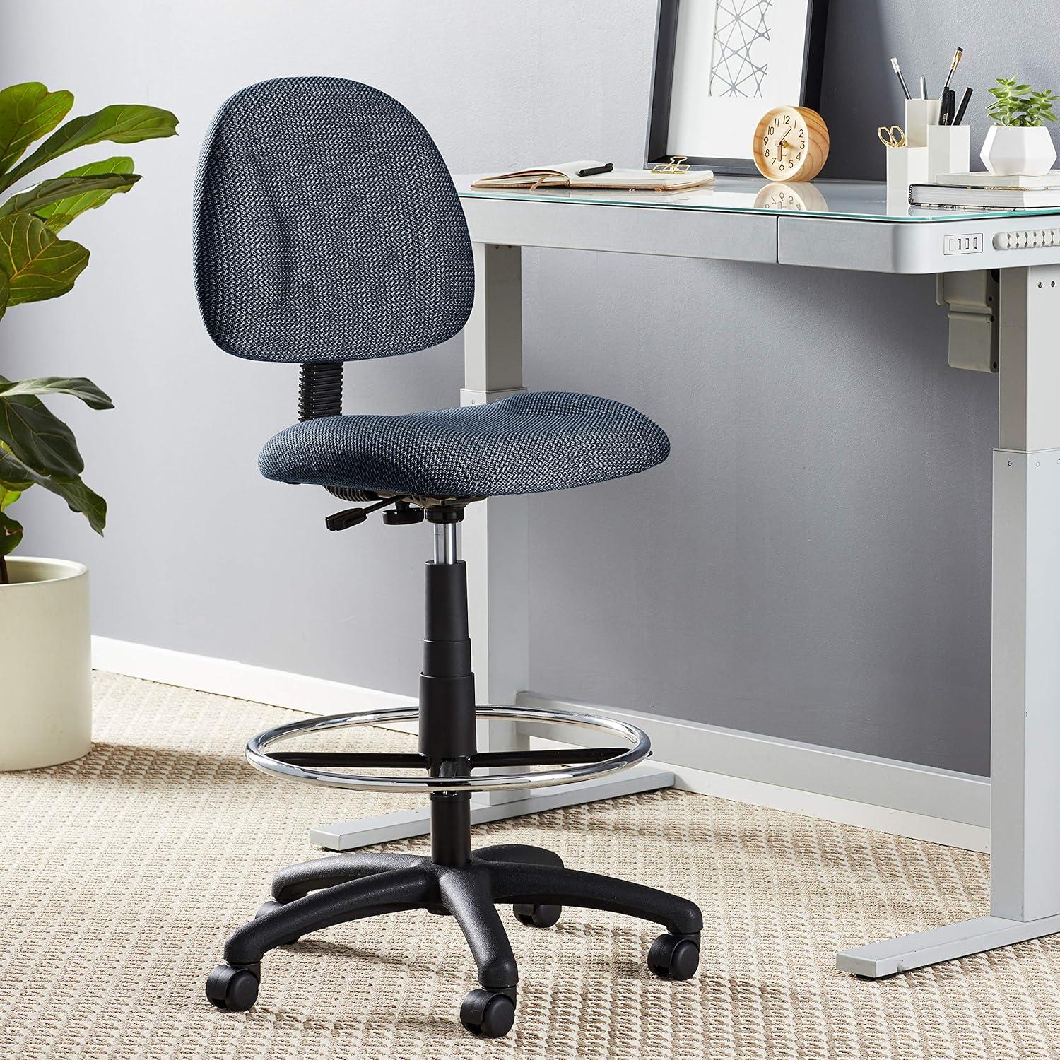 Ergonomic Blue Fabric Drafting Stool with Metal Base