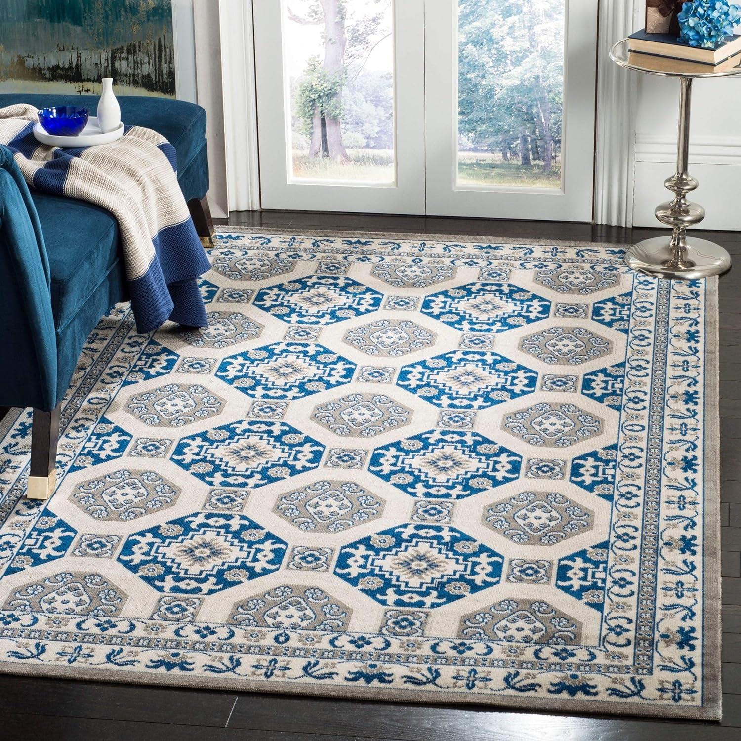 Blue and Ivory Rectangular Cotton Synthetic Rug, 4' x 6'